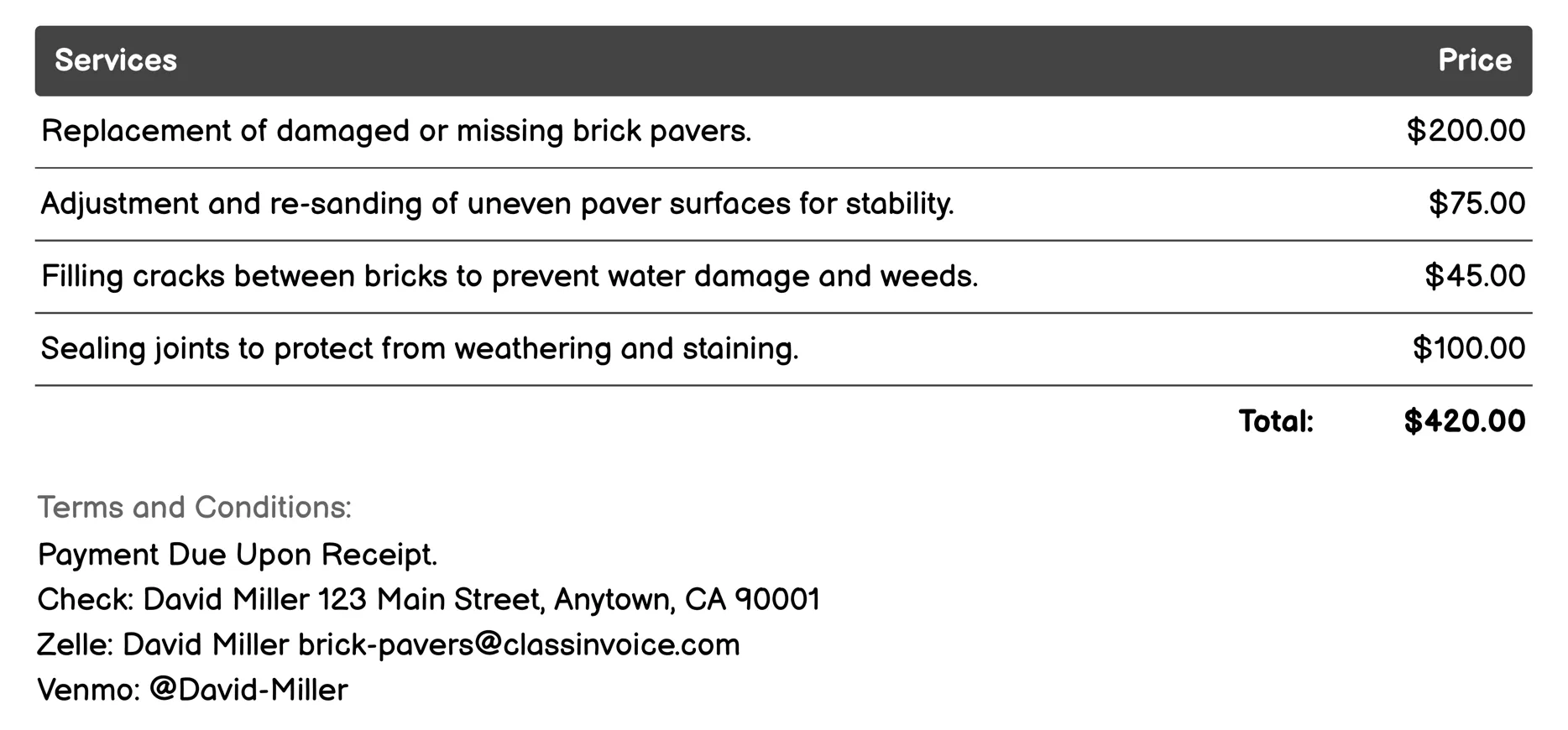 Brick Repair Services Invoice Example