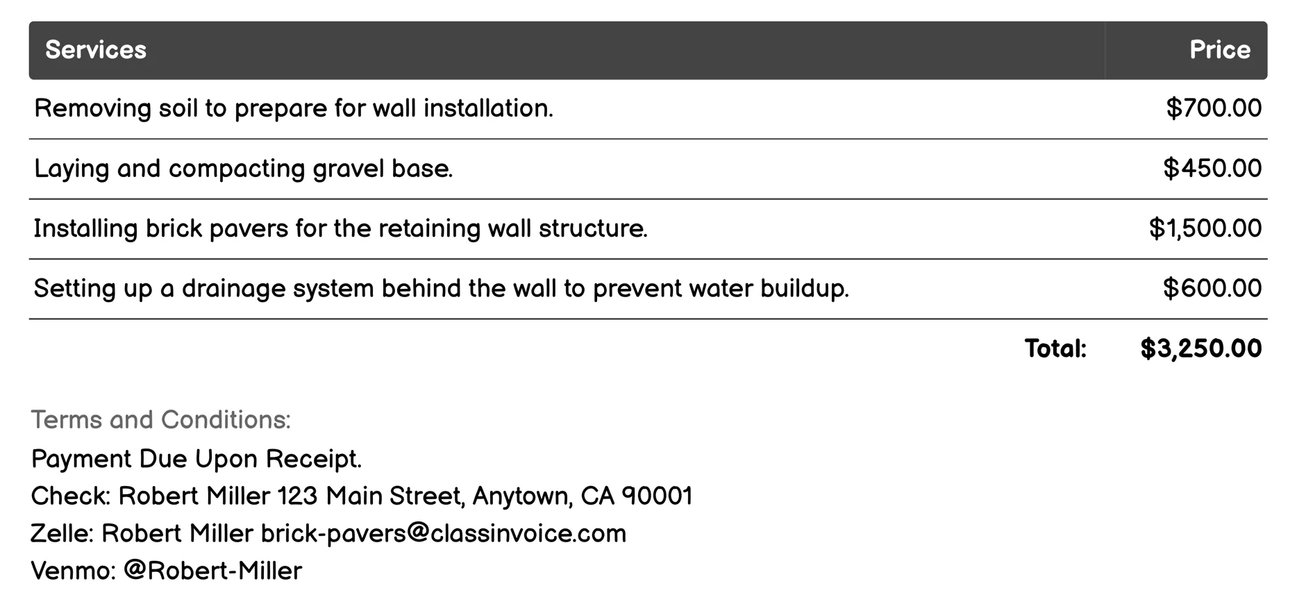 Retaining Wall Installation Invoice Example