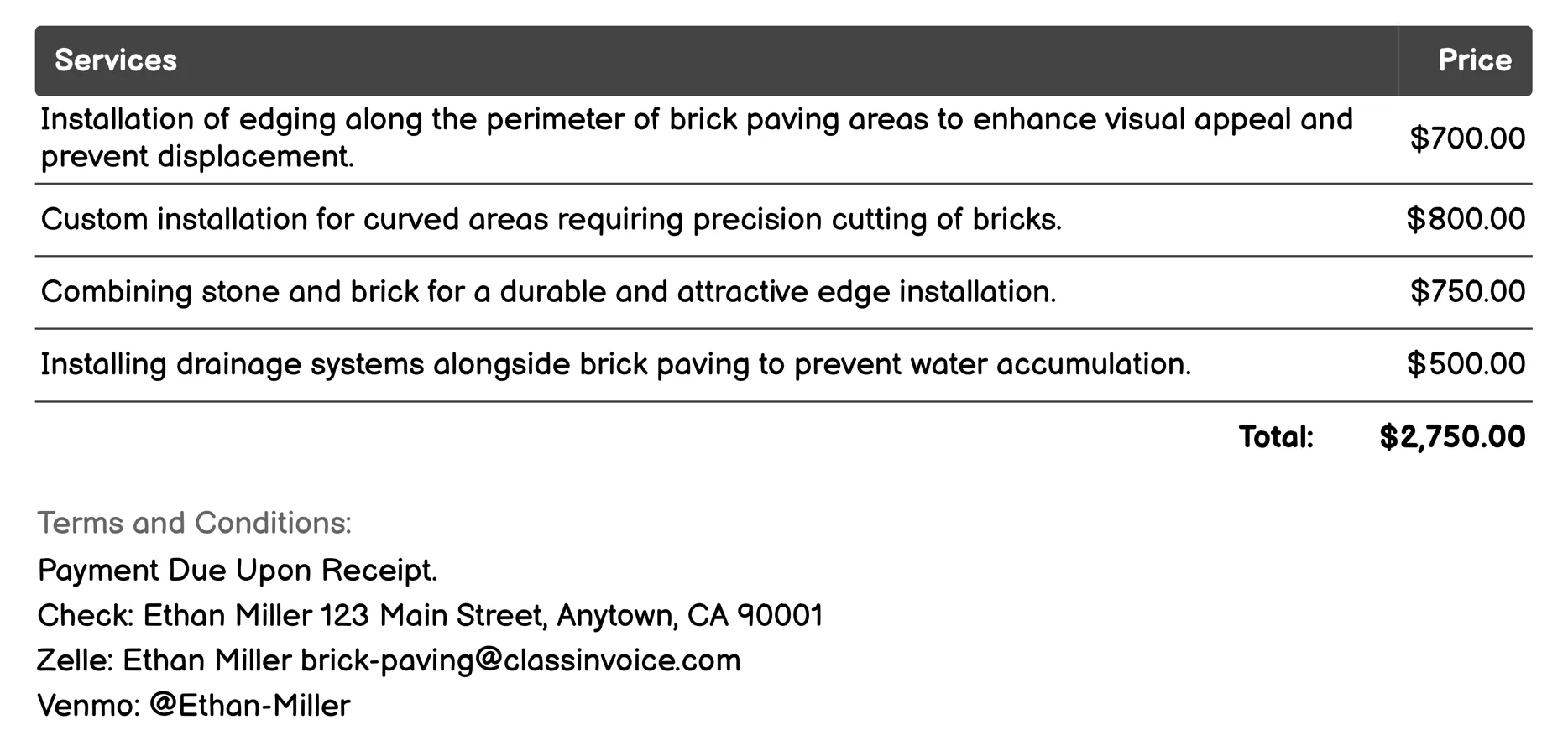 Edging Installation Invoice Example