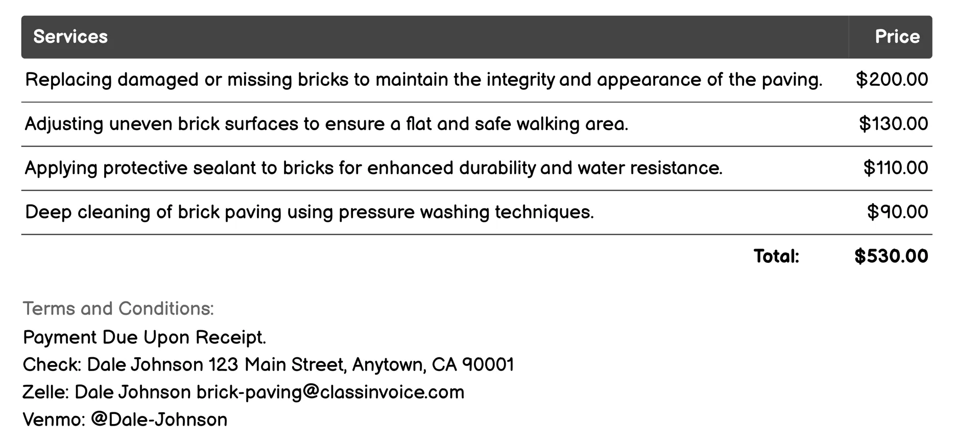 Repair Services Invoice Example
