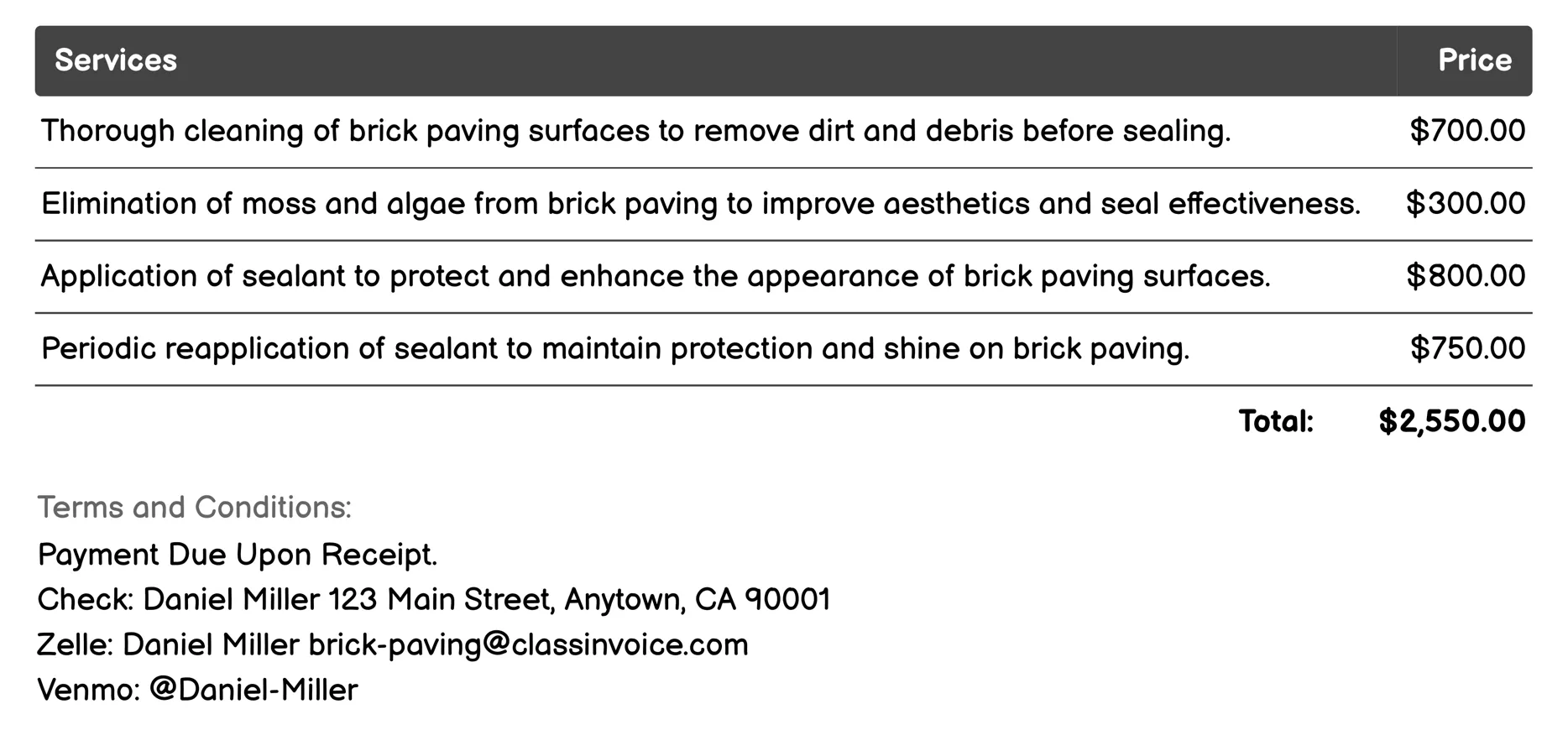Sealing Services Invoice Example