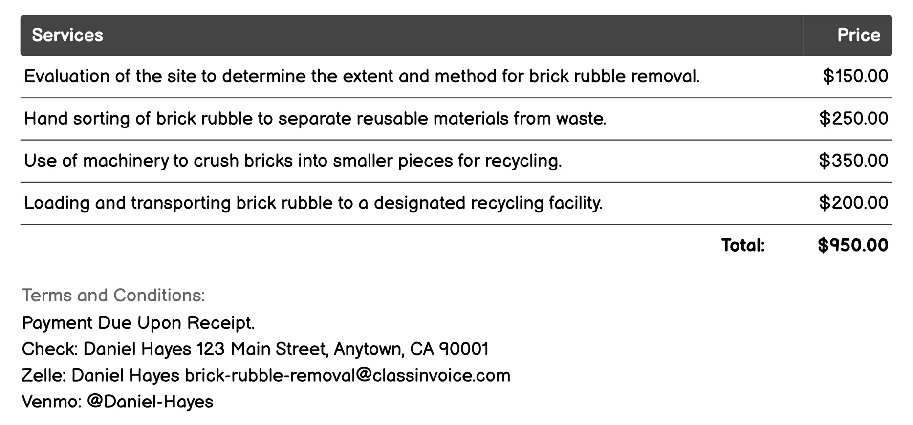 Recycling Services Invoice Example