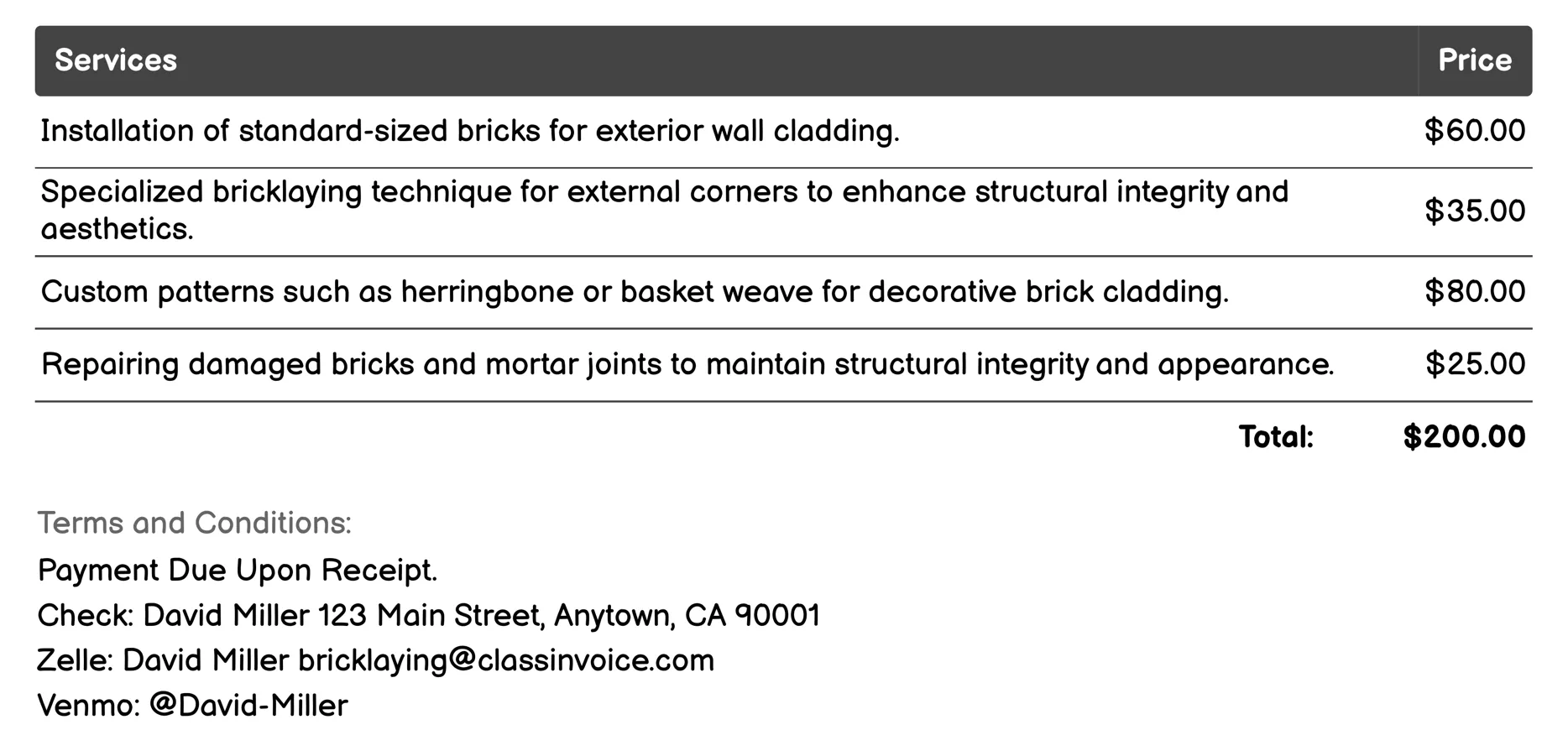 Brick Cladding Services Invoice Example