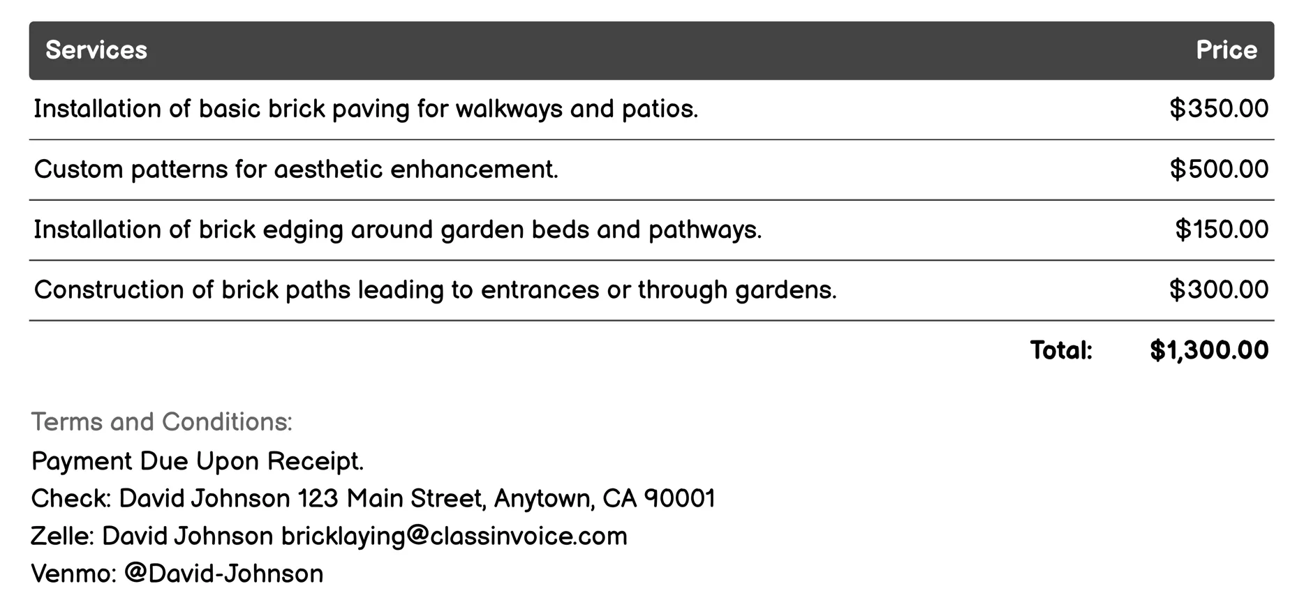 Brick Paving Services Invoice Example