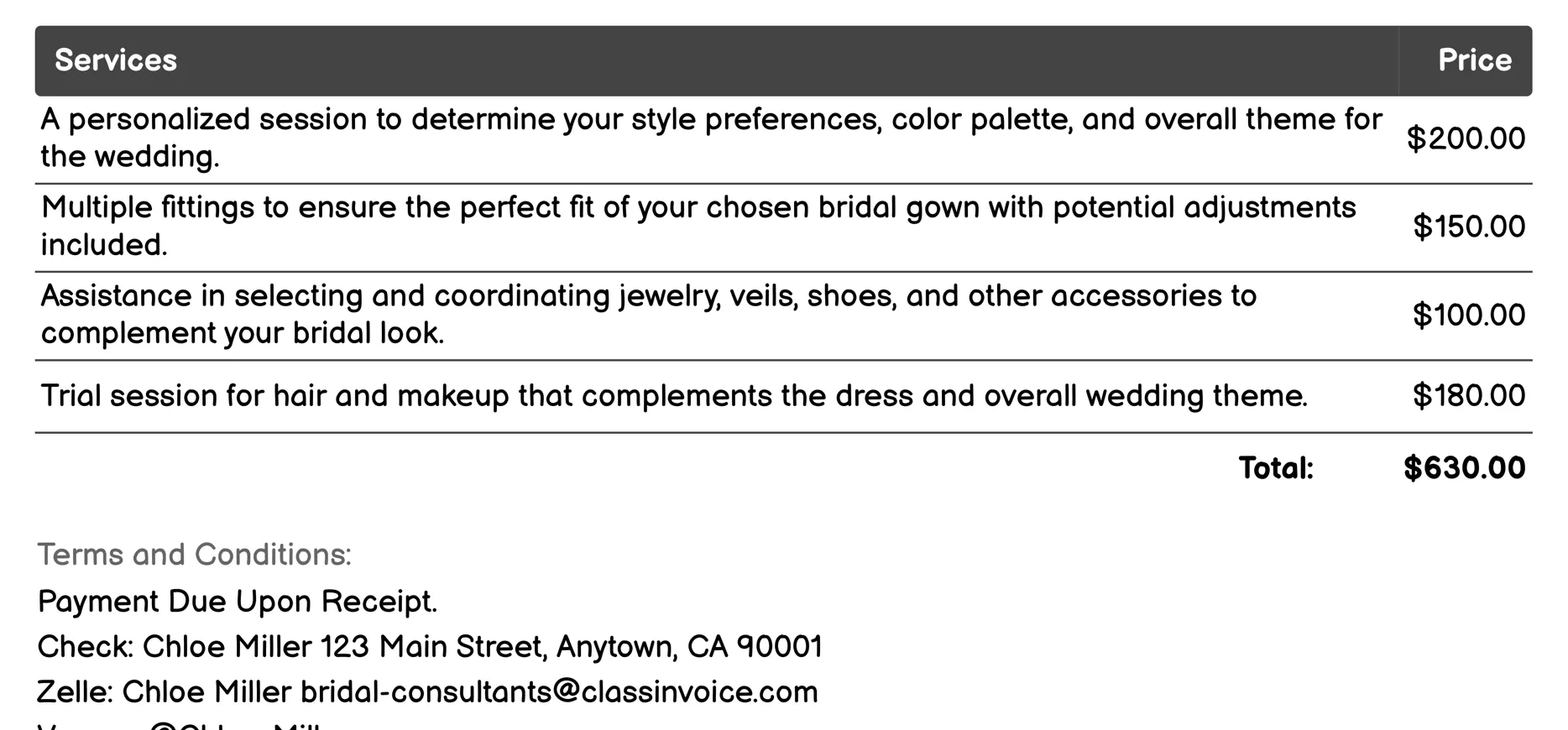 Bridal Styling Invoice Example