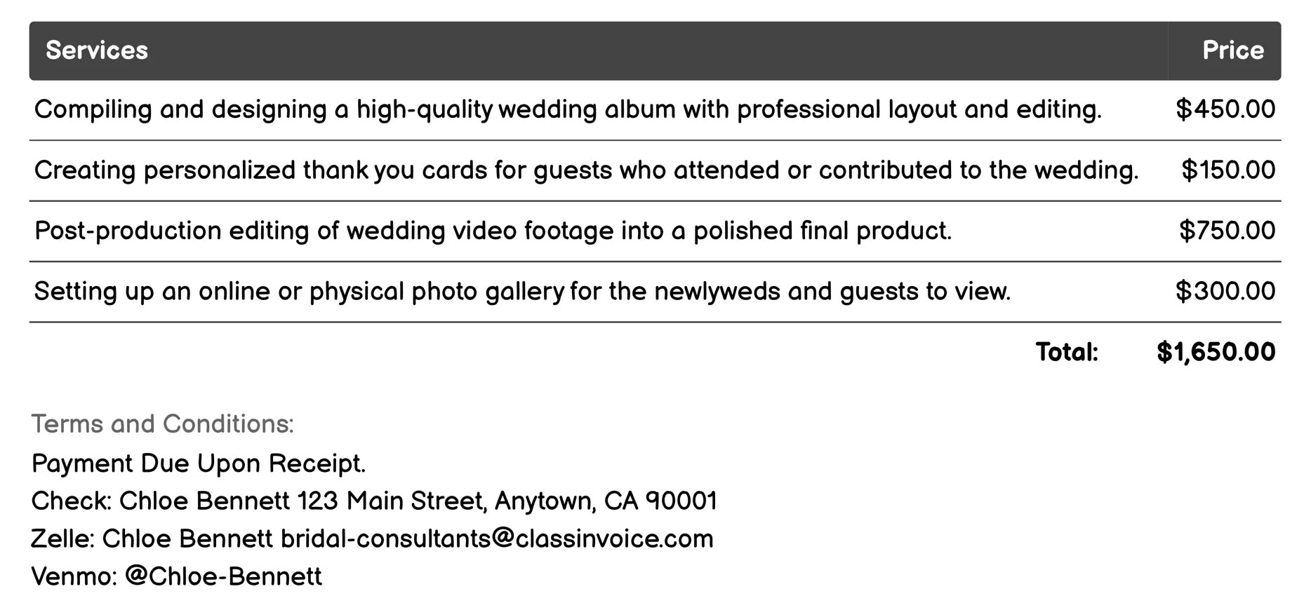 Post-Wedding Coordination Invoice Example