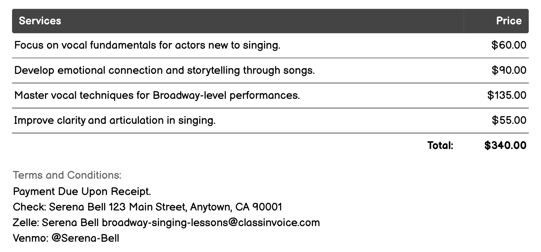 Acting for Singers Workshops Invoice Example