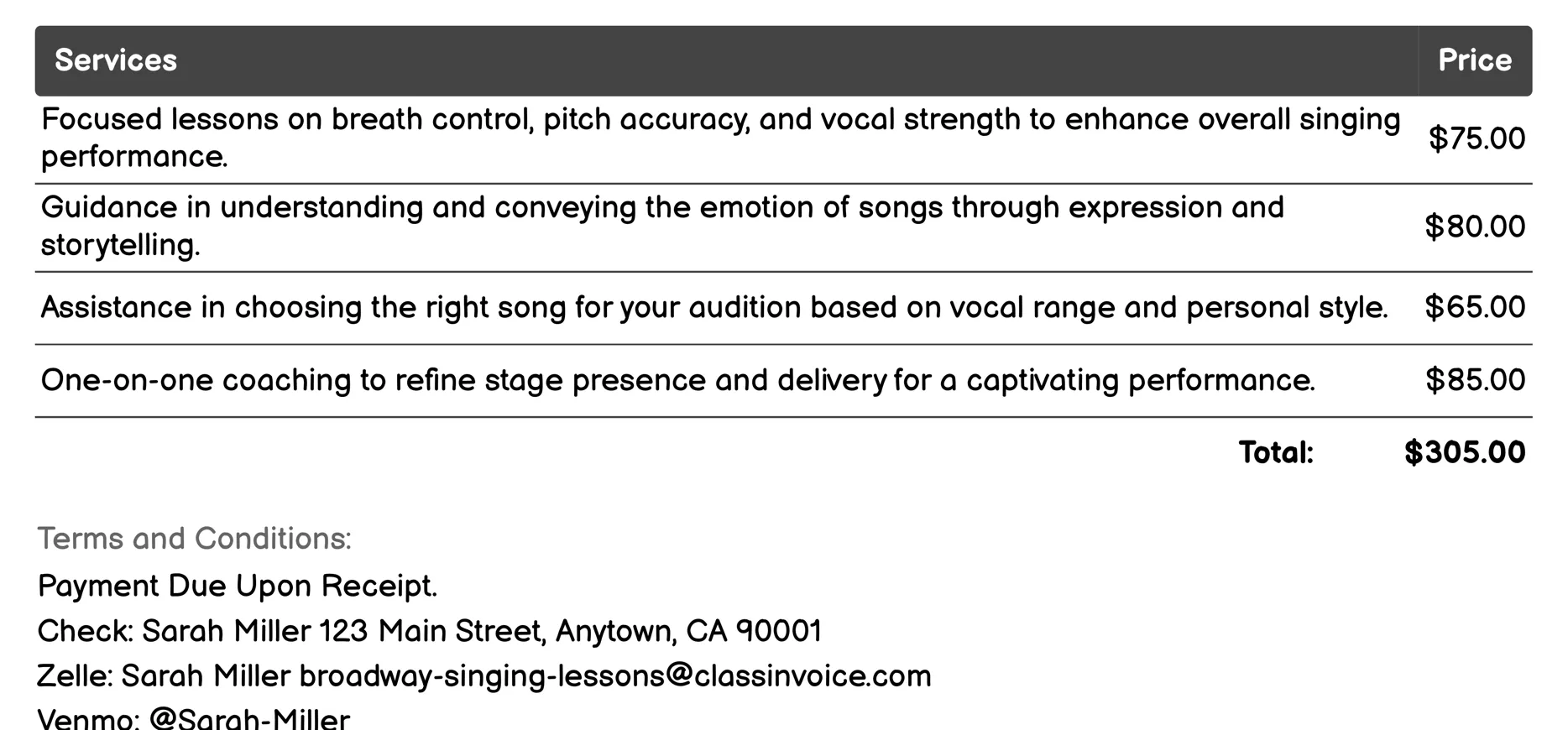 Audition Preparation Services Invoice Example