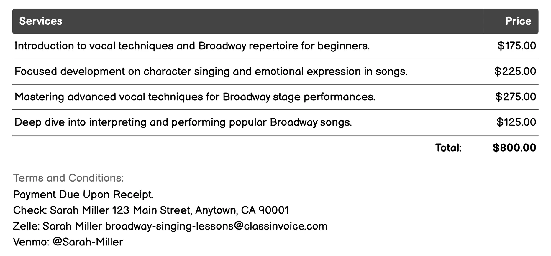 Masterclasses with Broadway Professionals Invoice Example
