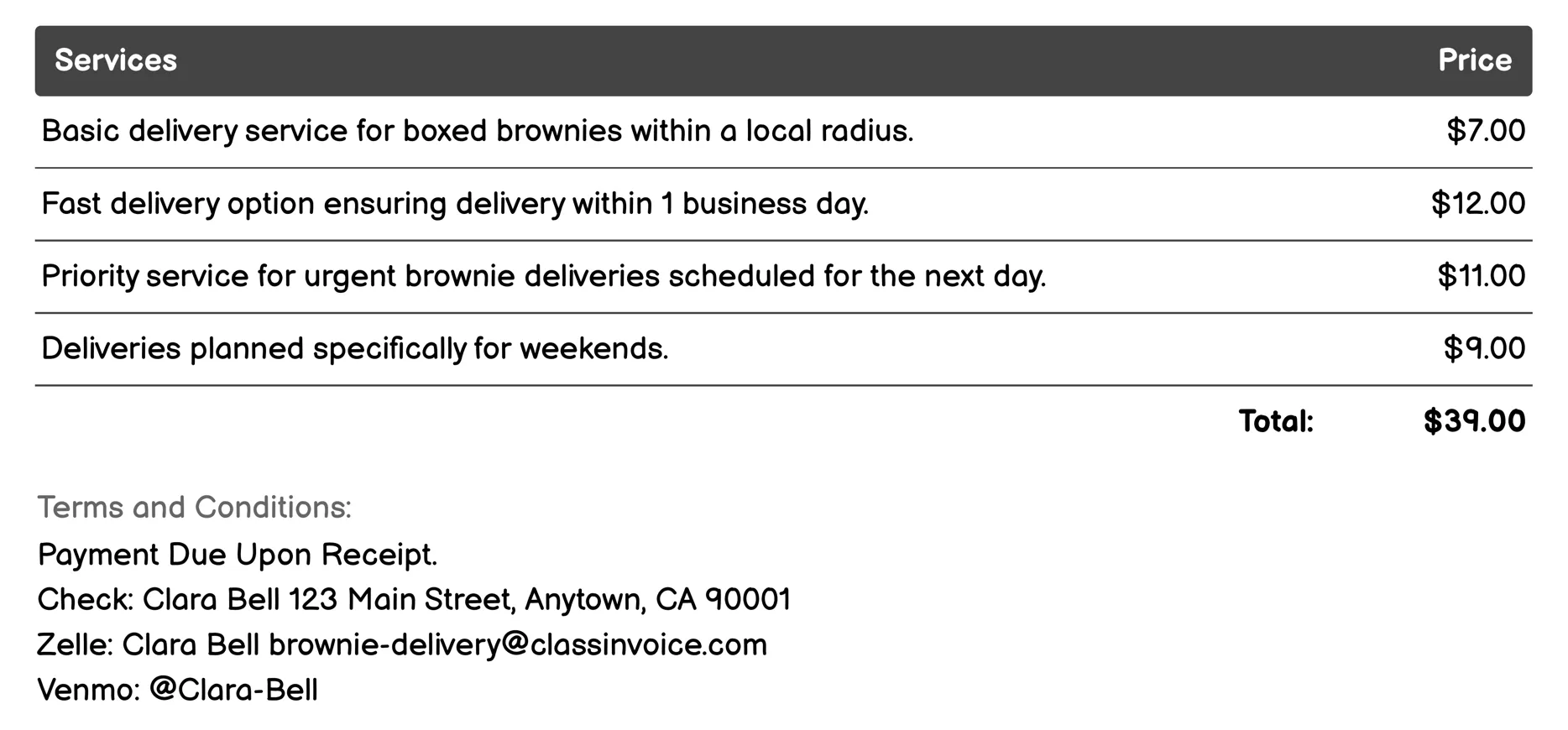 Gift Boxed Brownies Invoice Example