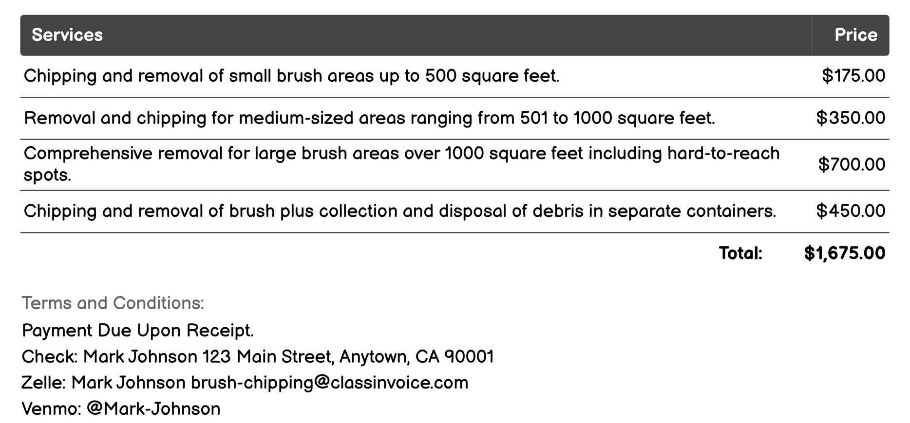 Commercial Brush Chipping Invoice Example