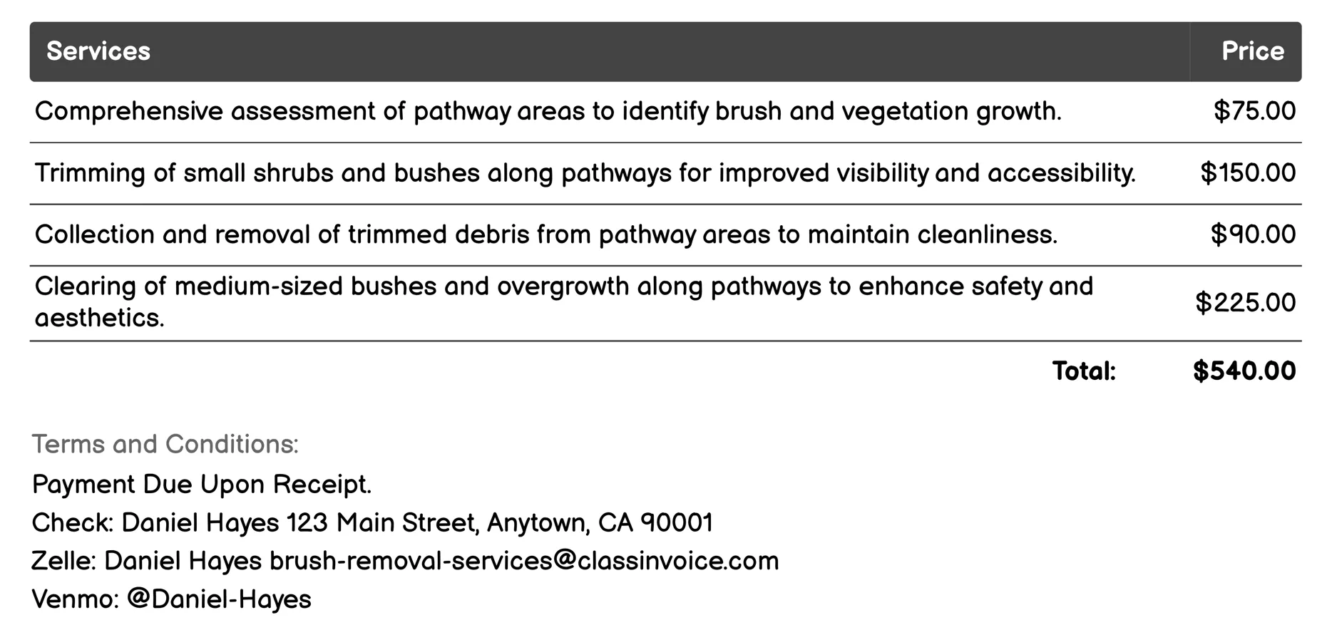 Pathway Brush Maintenance Invoice Example