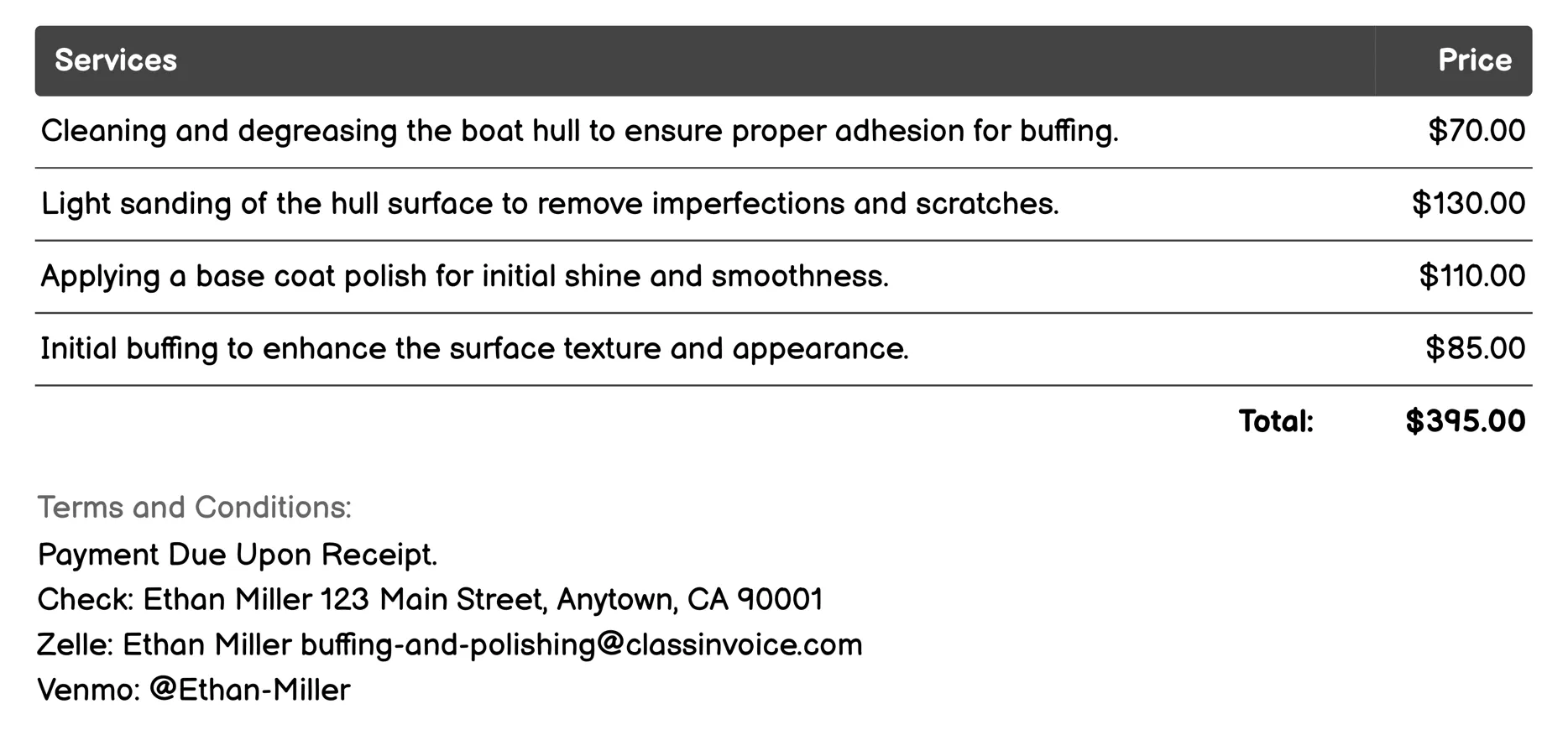 Boat Hull Buffing and Polishing Invoice Example