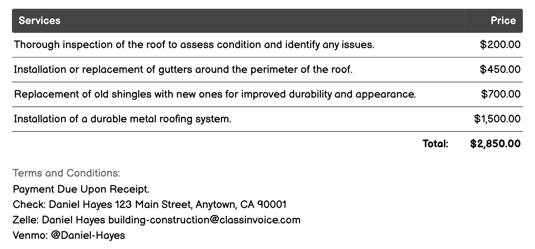 Roofing Services Invoice Example