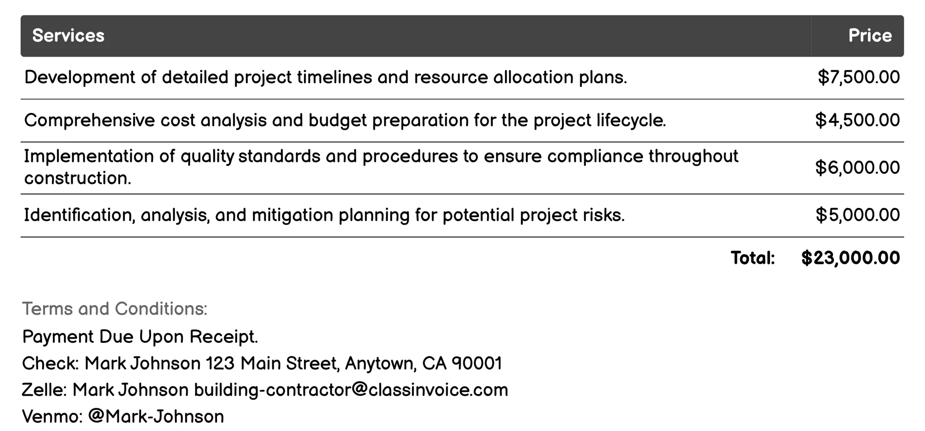 Project Management Services Invoice Example