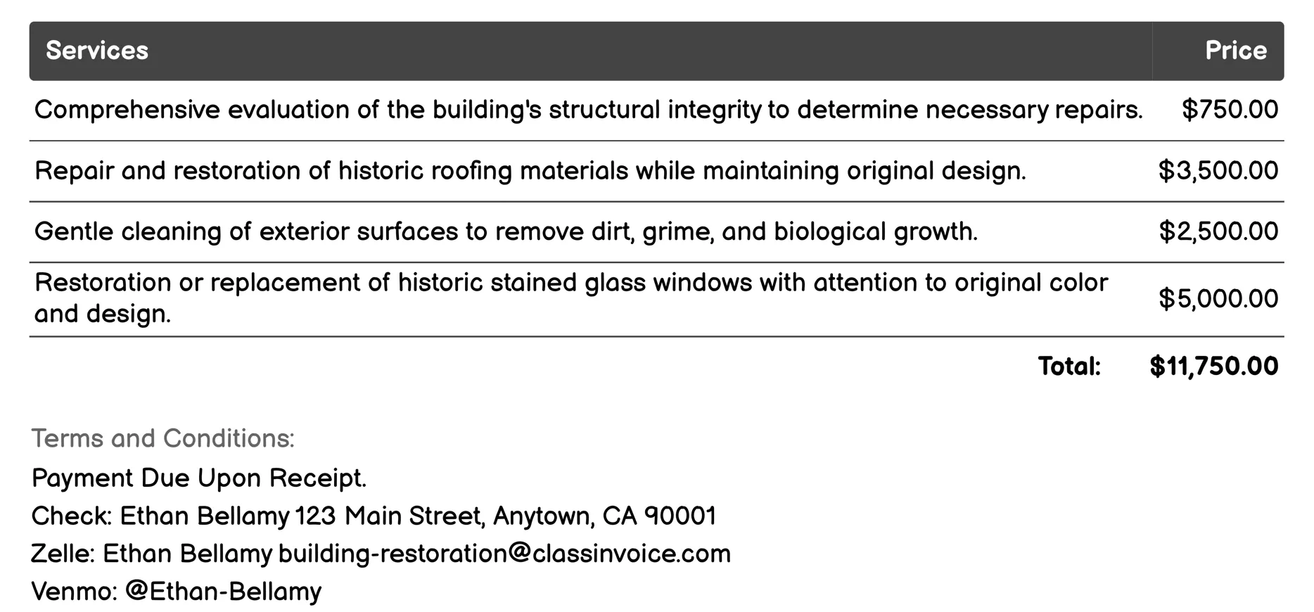 Historic Preservation Invoice Example