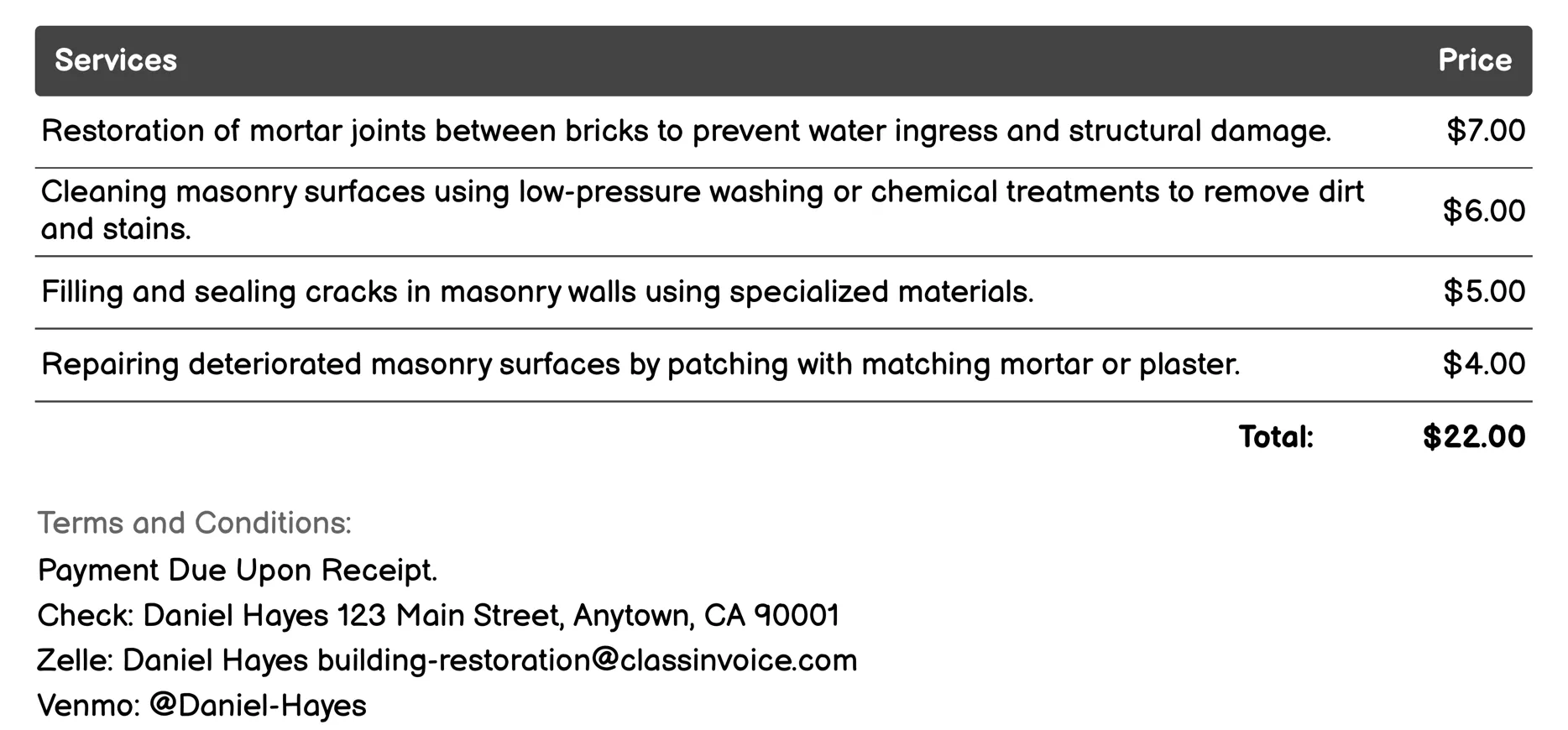 Masonry Repair Invoice Example