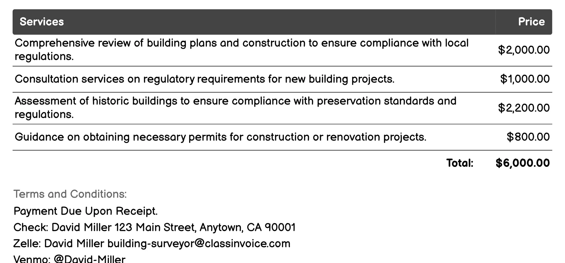 Building Compliance and Regulation Advice Invoice Example