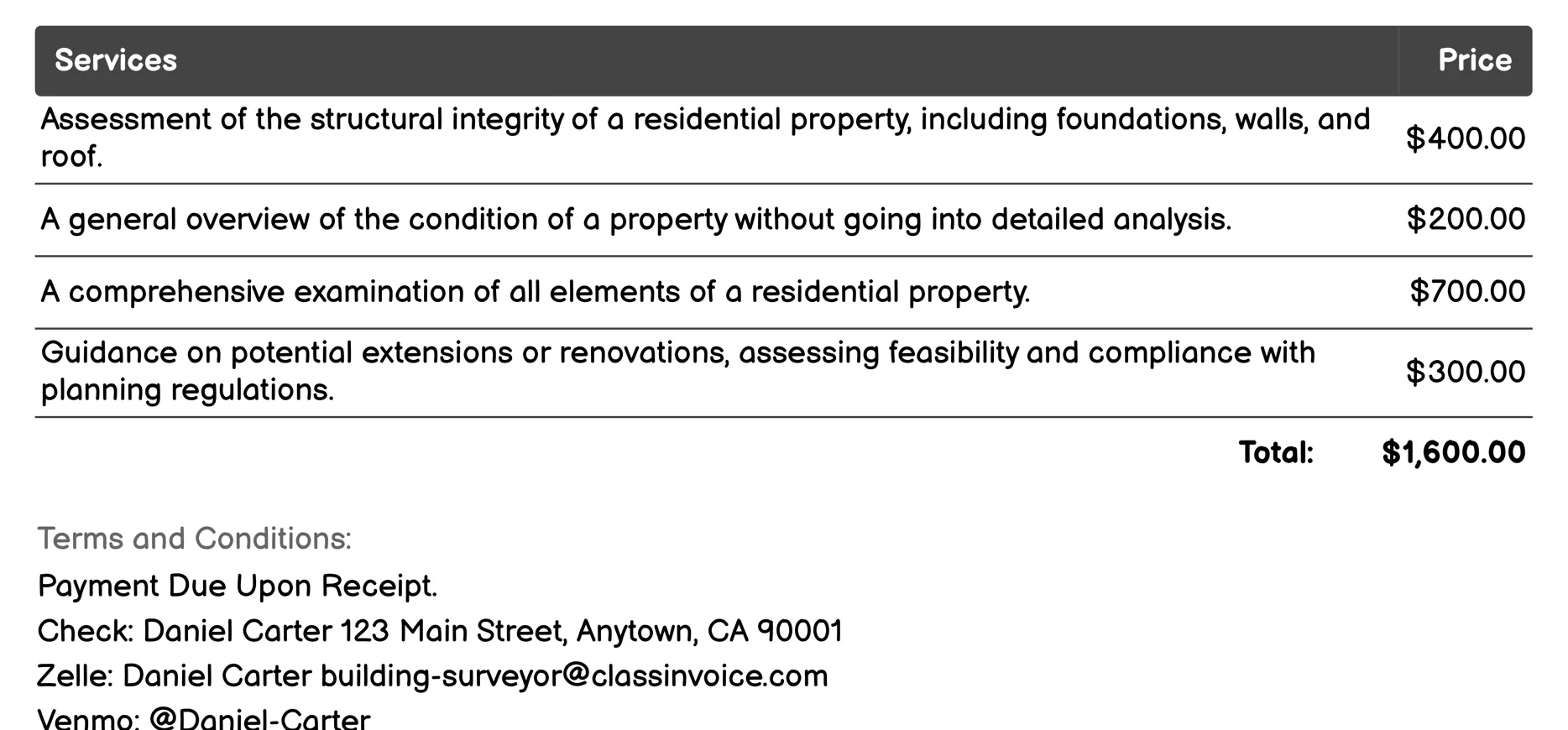 Residential Property Surveys Invoice Example