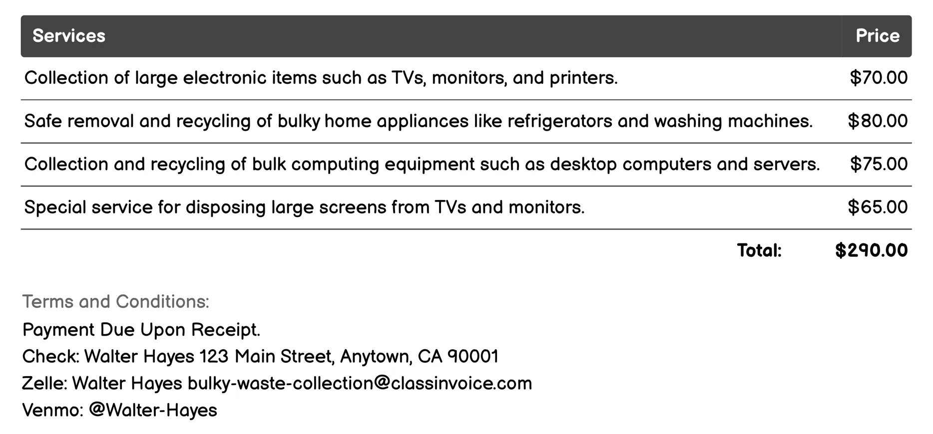 Electronics Recycling Invoice Example