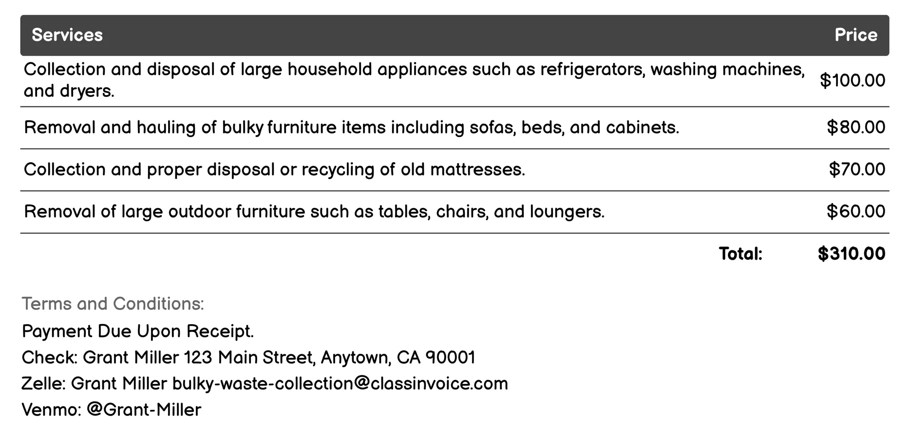 Large Item Hauling Invoice Example