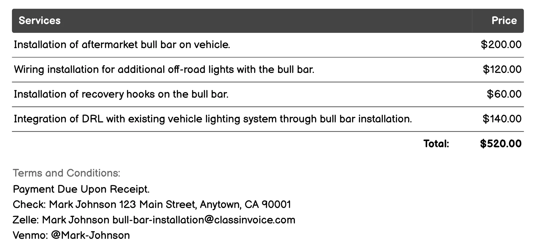 Aftermarket Bull Bar Installation Invoice Example