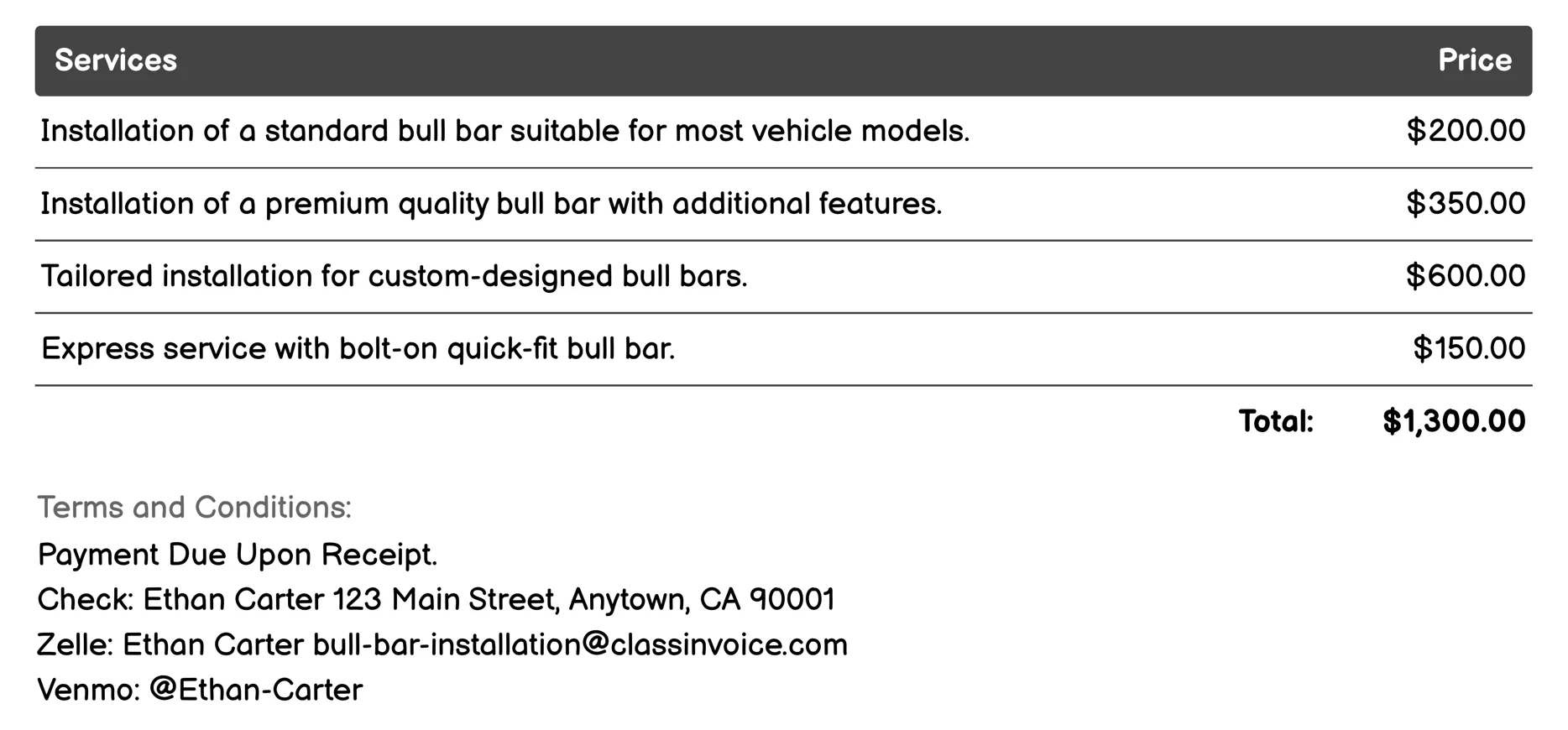 Express Bull Bar Service Invoice Example