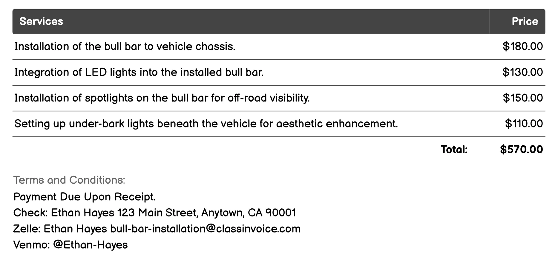 Lighting and Accessories Integration Invoice Example