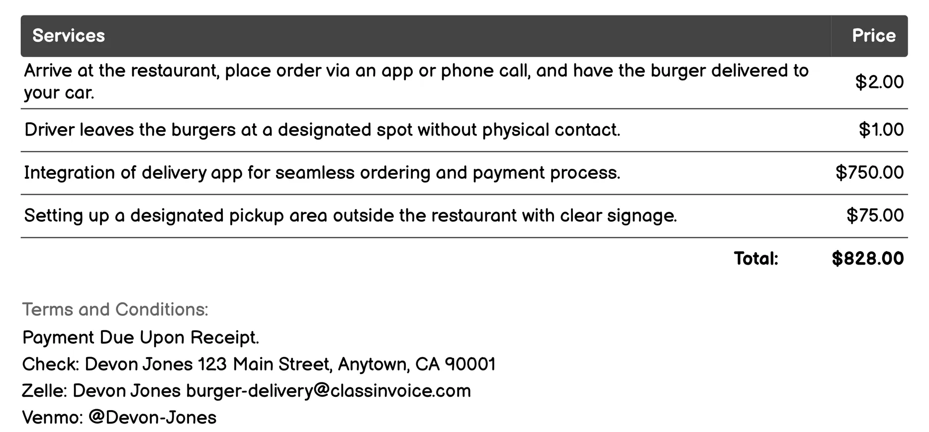Contactless Delivery Invoice Example