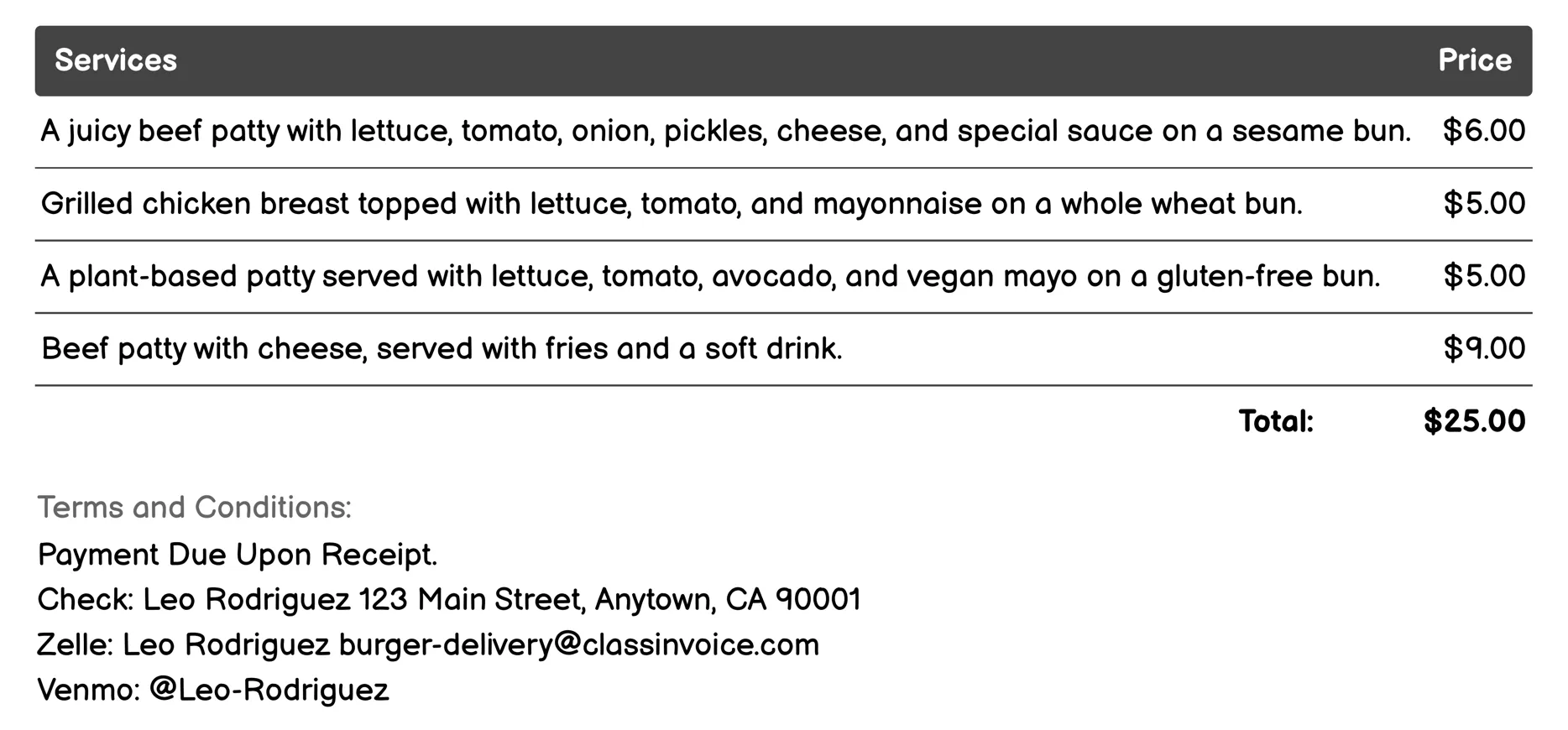 Group Order Service Invoice Example