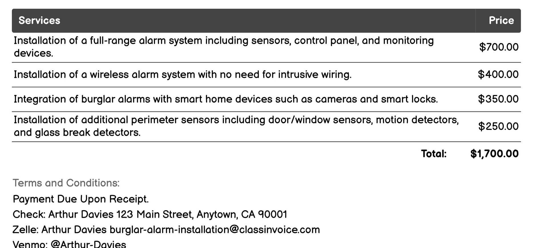 24/7 Burglar Alarm Maintenance Service Invoice Example