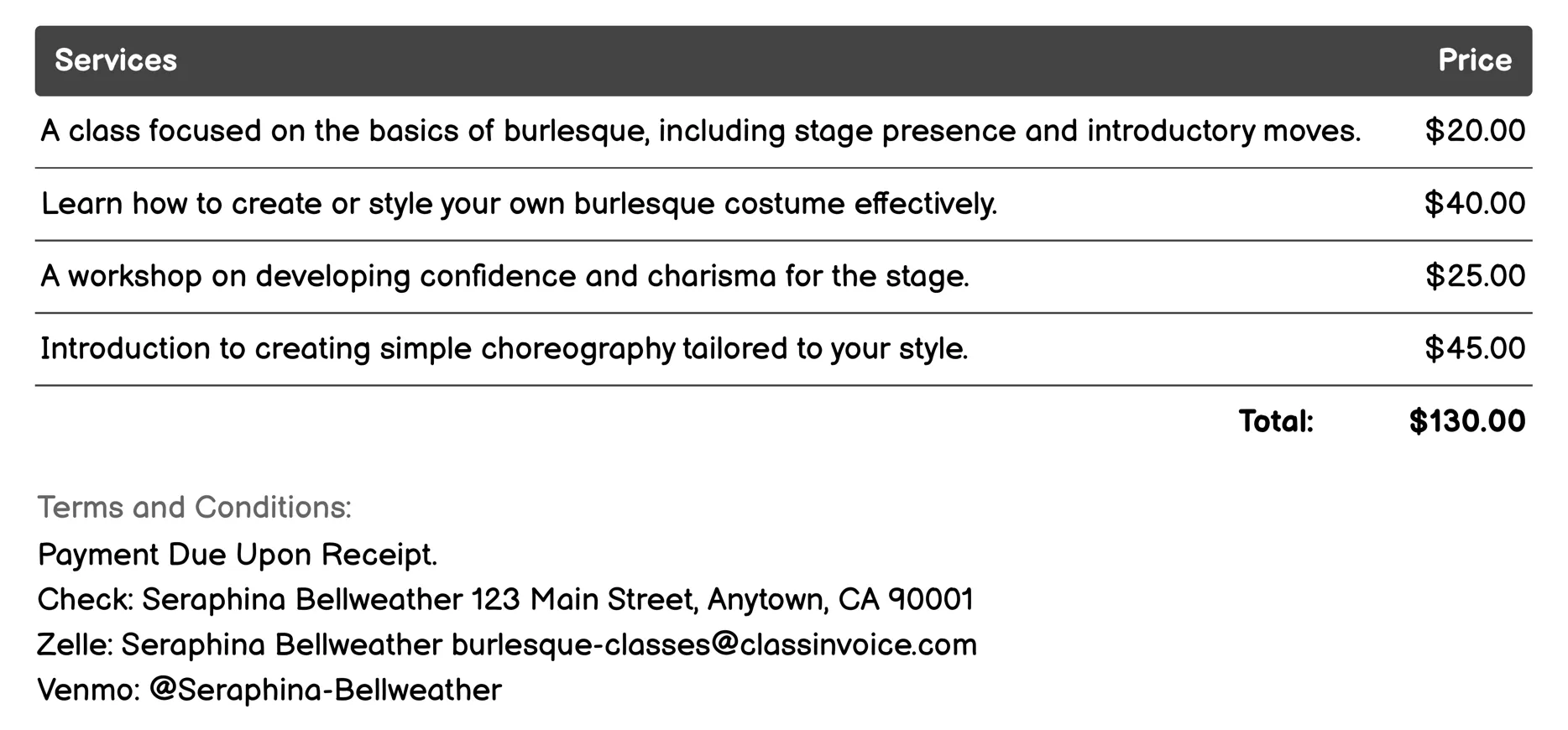 Beginner Burlesque Invoice Example