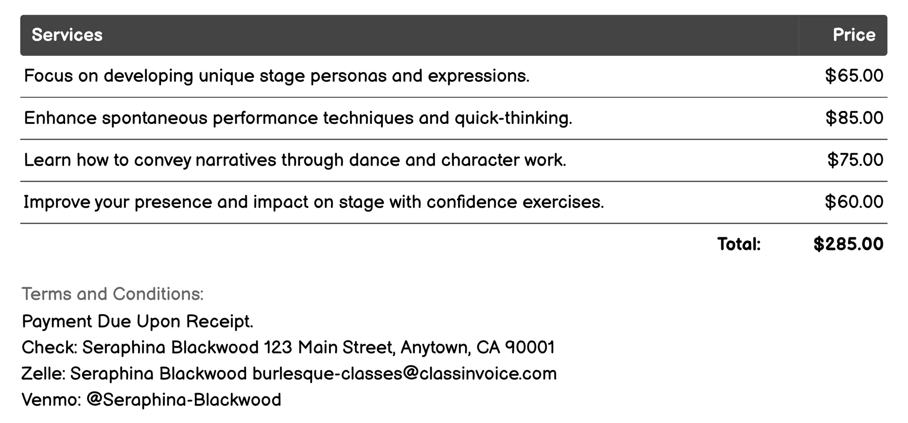 Character Development & Improvisation Invoice Example
