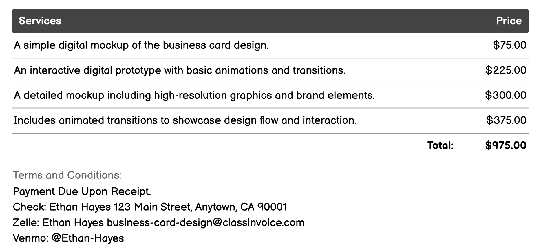 Digital Mockups and Prototypes Invoice Example