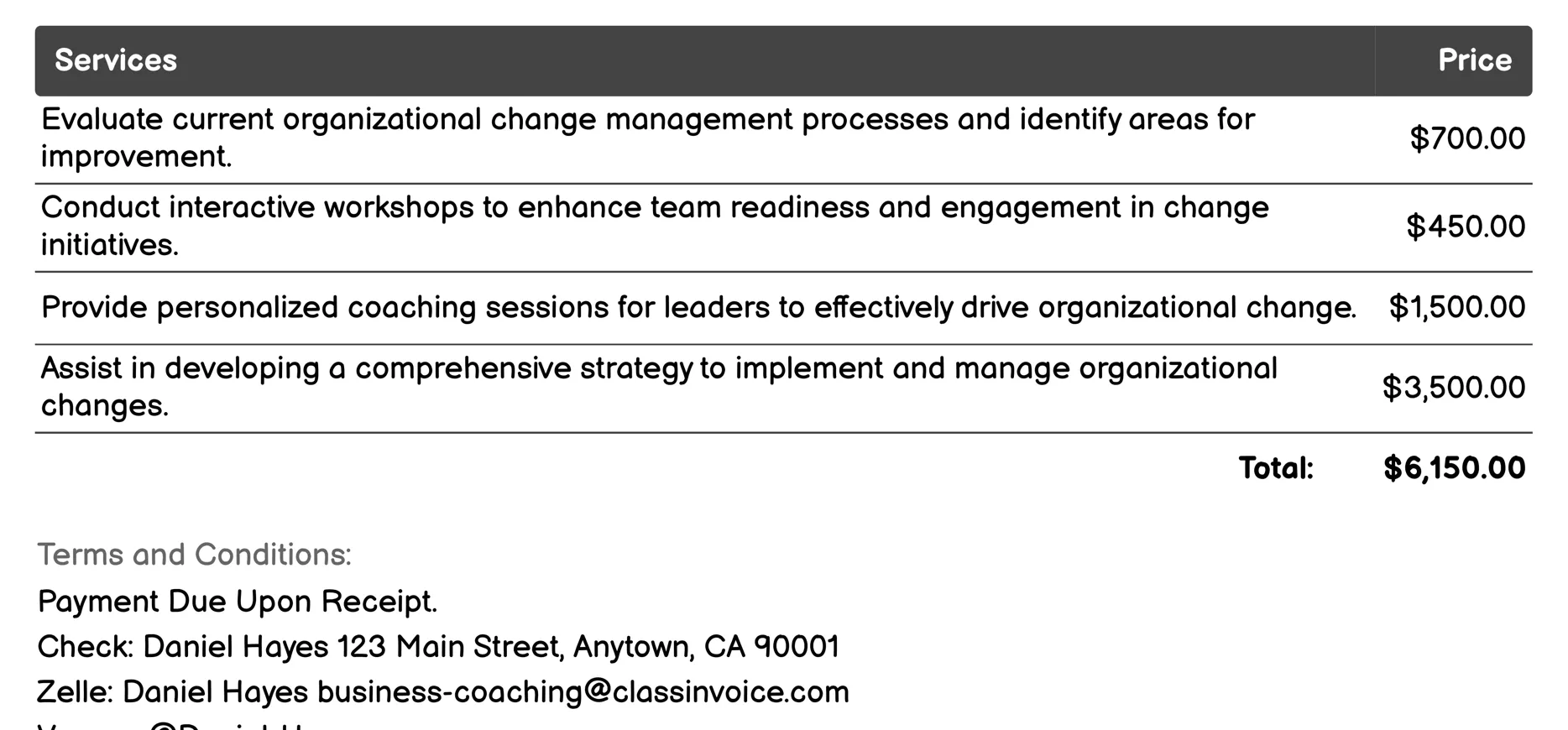 Change Management Coaching Invoice Example