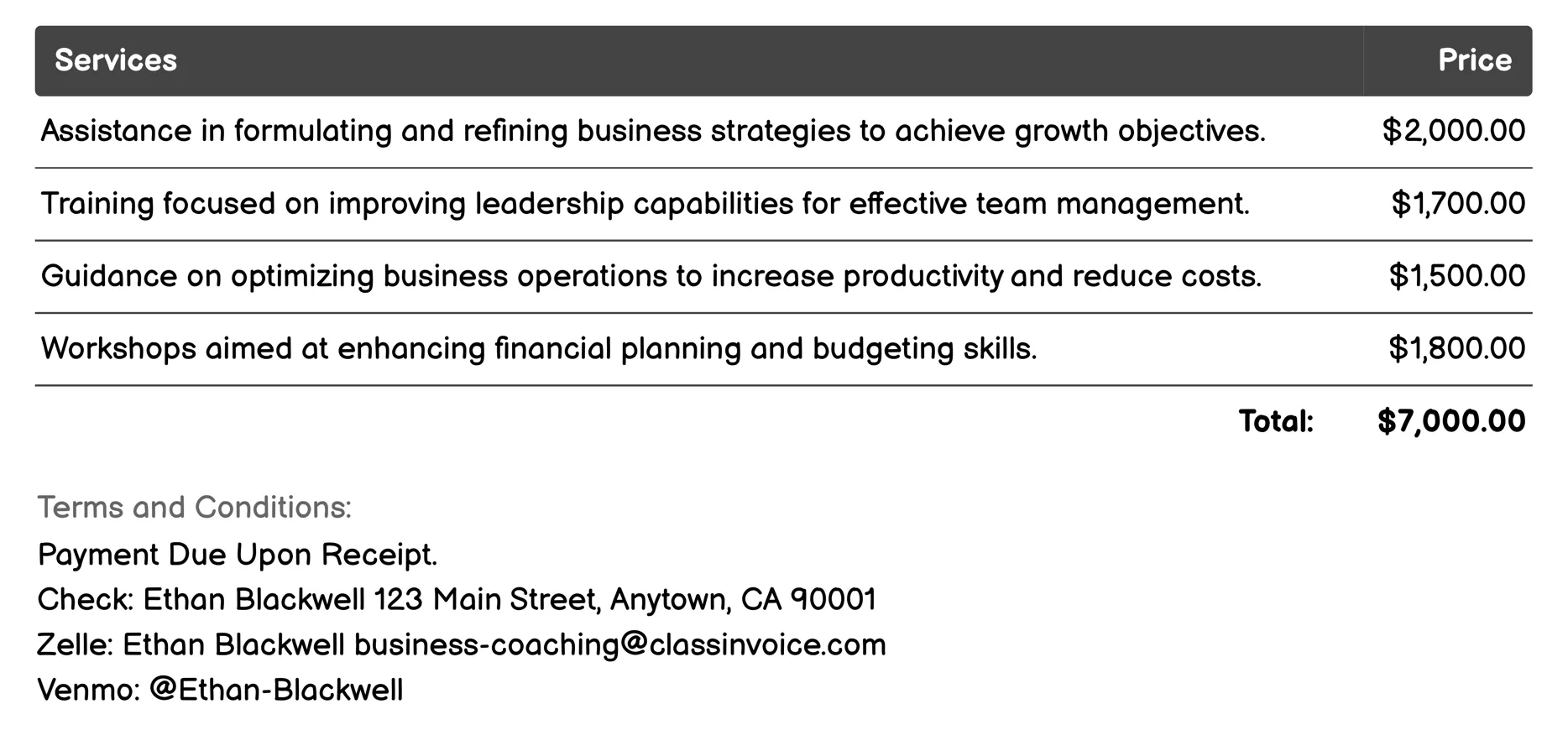 Entrepreneurial Coaching Invoice Example