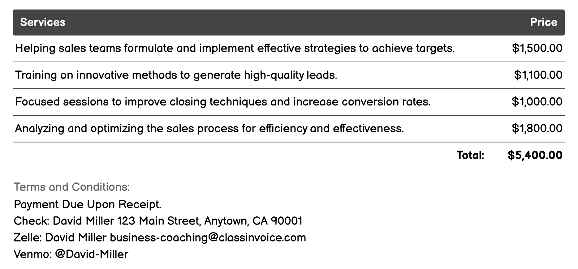 Sales Coaching Invoice Example