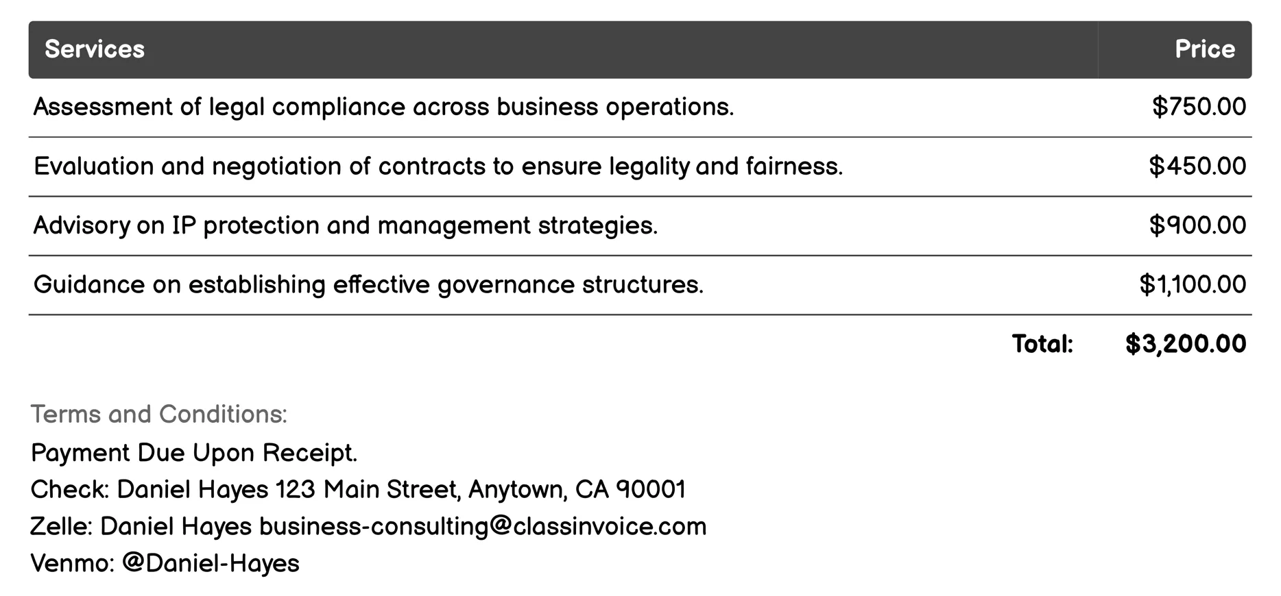 Legal Advisory Services Invoice Example