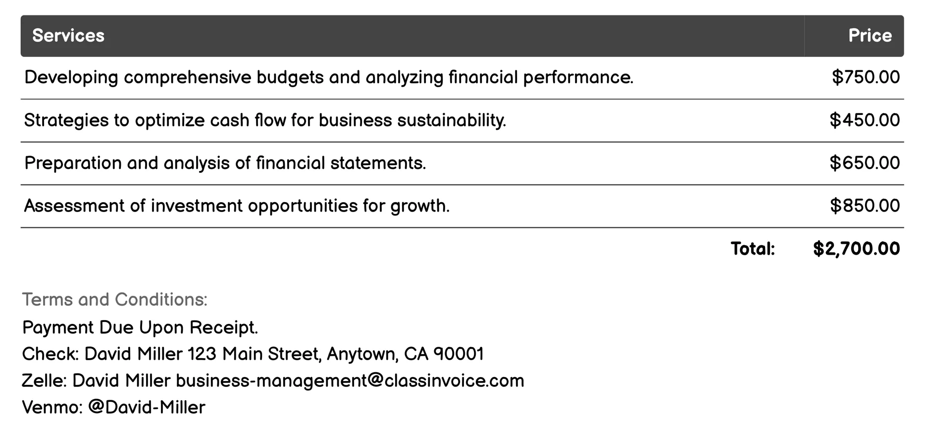 Financial Management Invoice Example