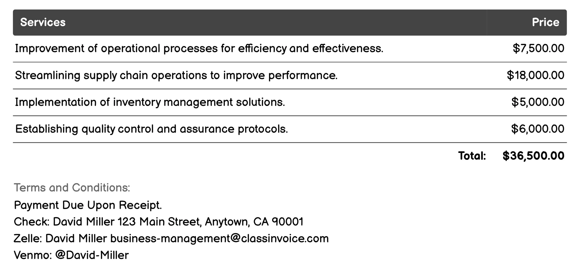 Operations Management Invoice Example