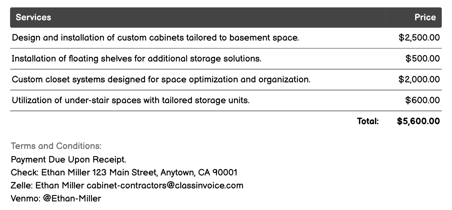 Basement Finishing with Storage Solutions Invoice Example