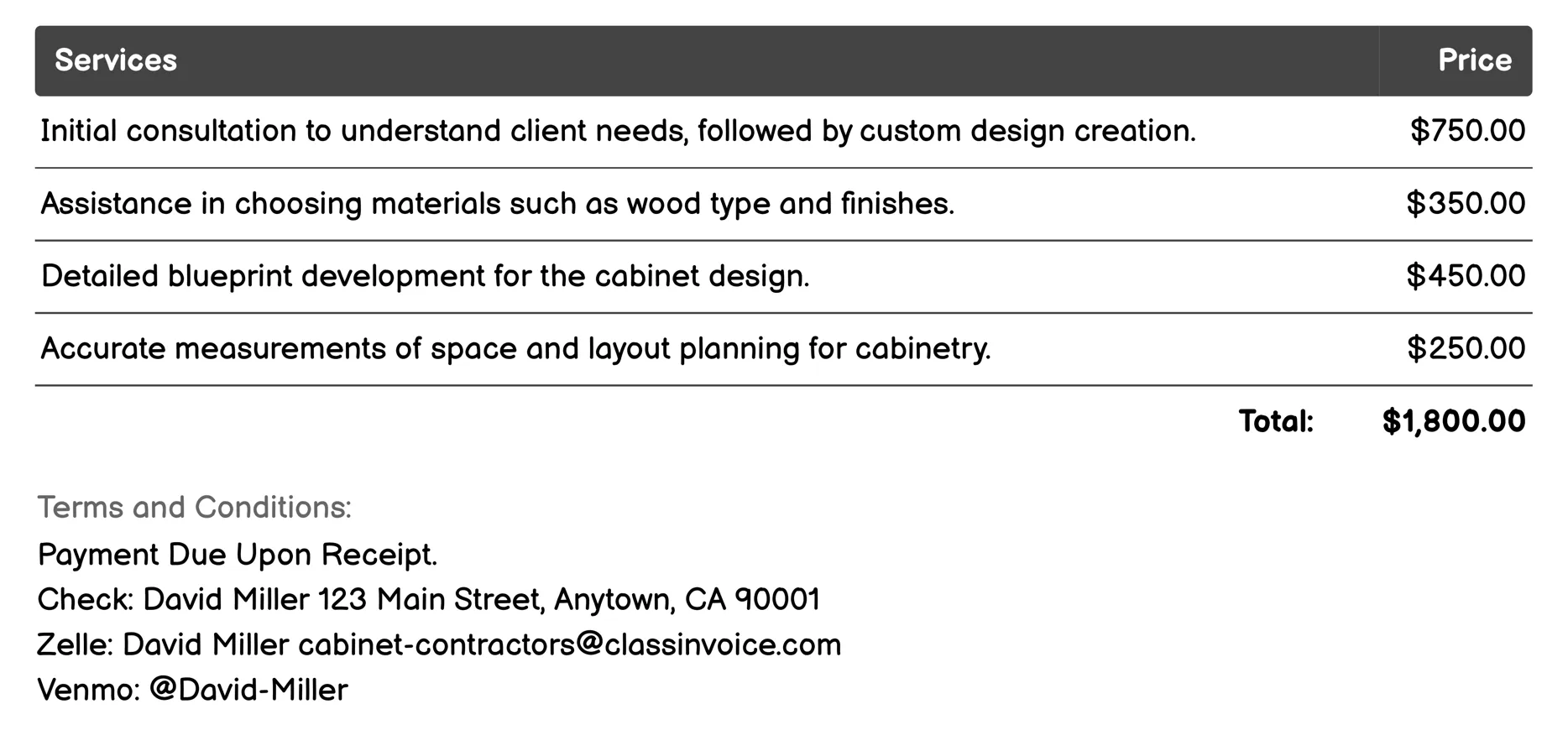 Custom Cabinetry Design Invoice Example