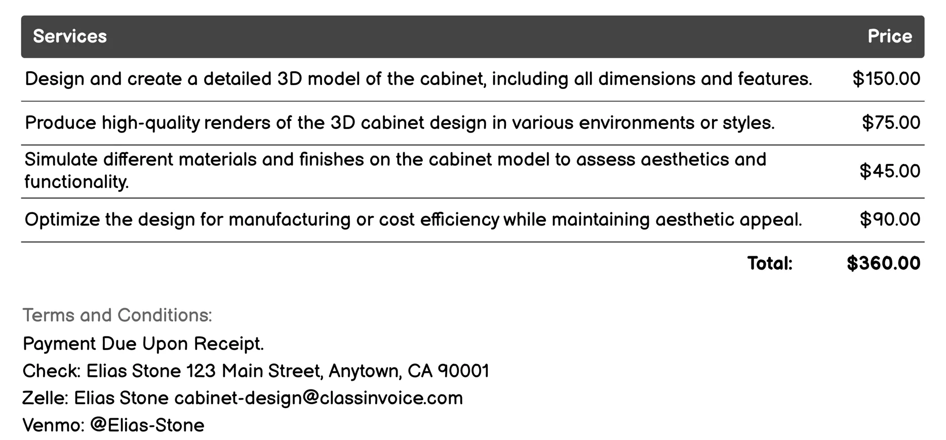 3D Modeling and Rendering Invoice Example