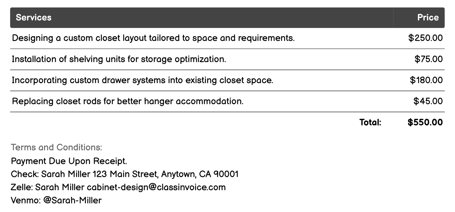 Closet Organization Systems Invoice Example