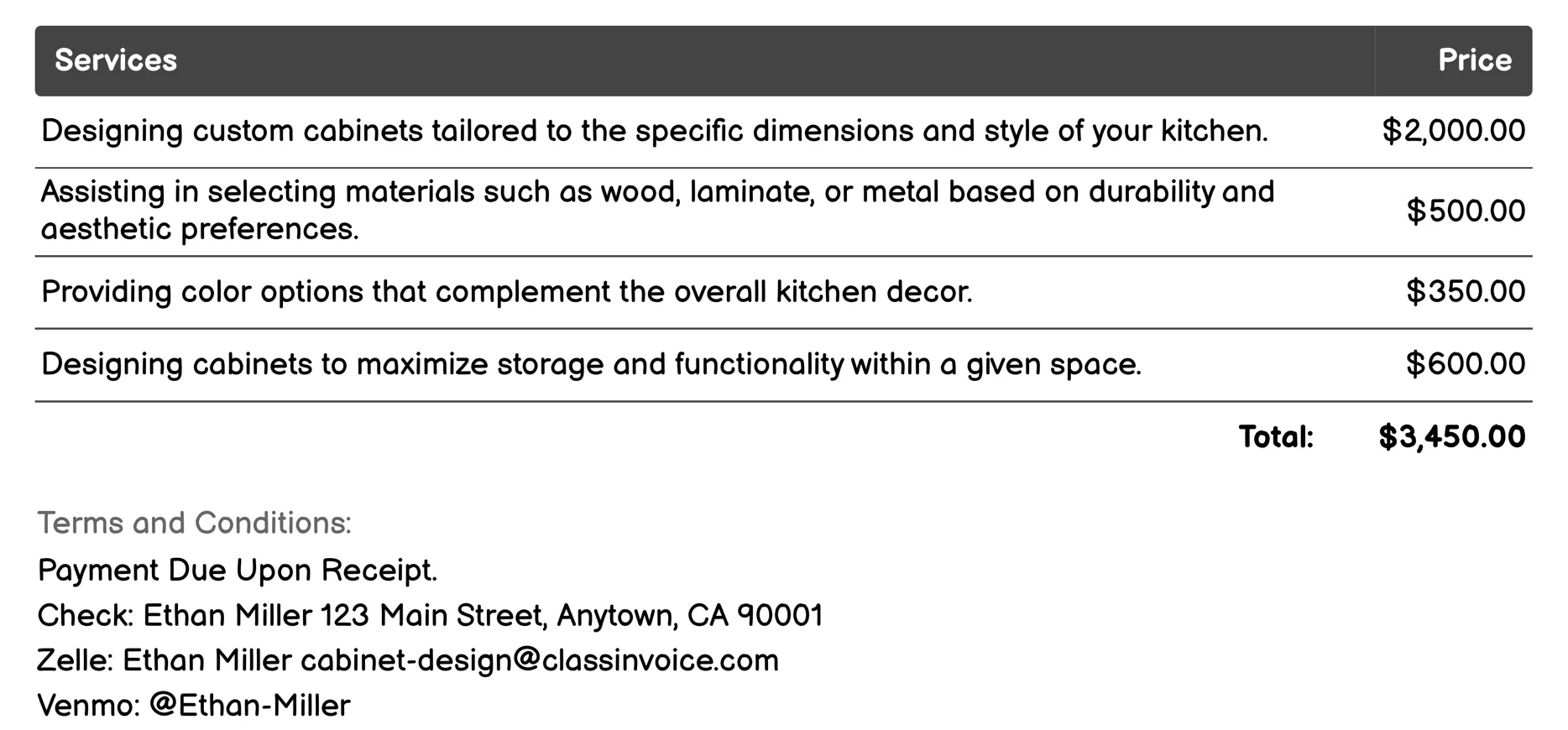 Kitchen Layout Design Invoice Example