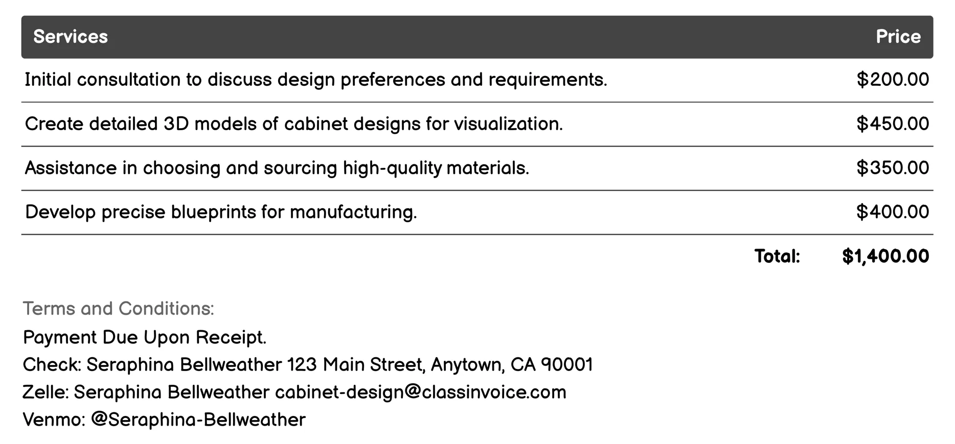 Luxury Cabinet Design Invoice Example