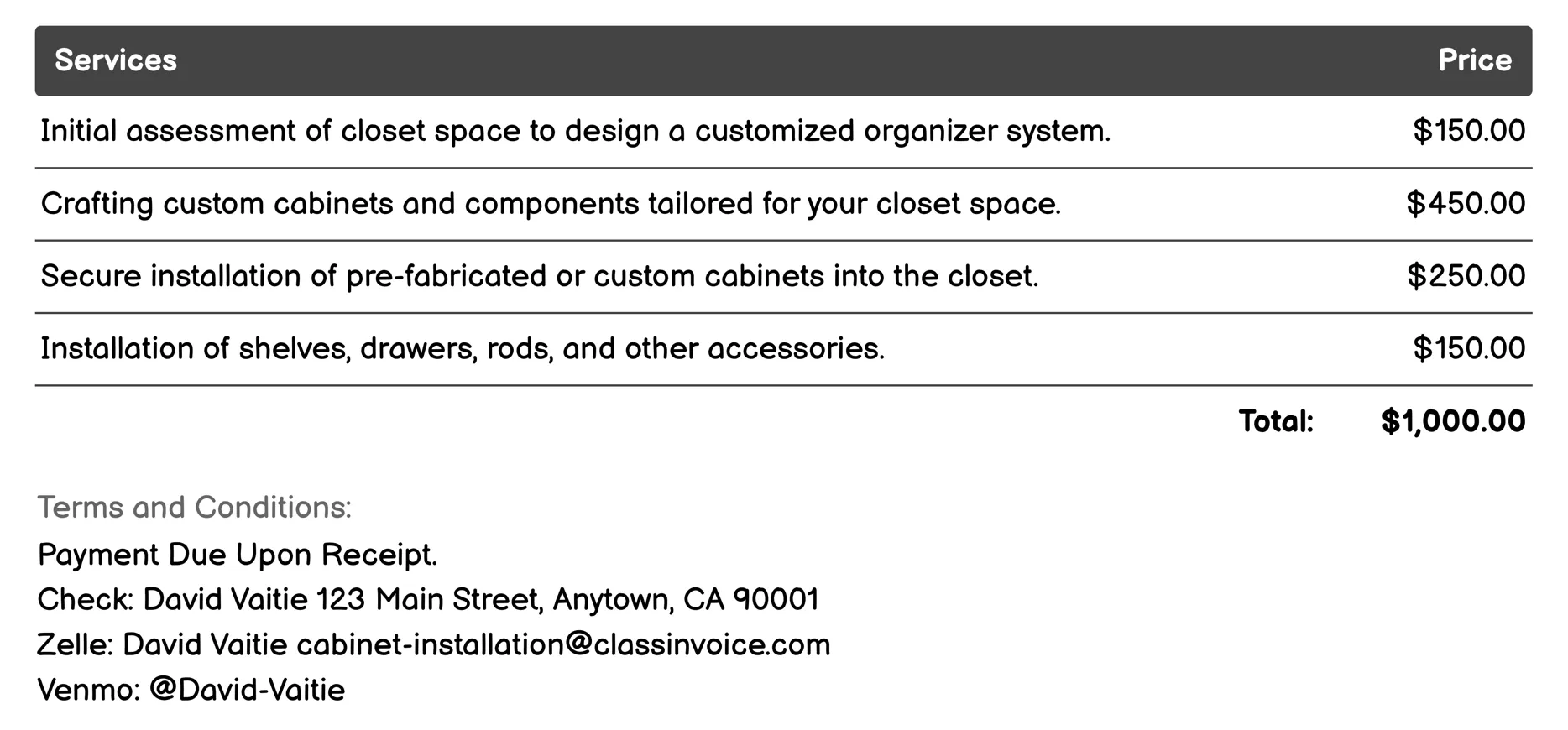 Closet Organizer Systems Invoice Example