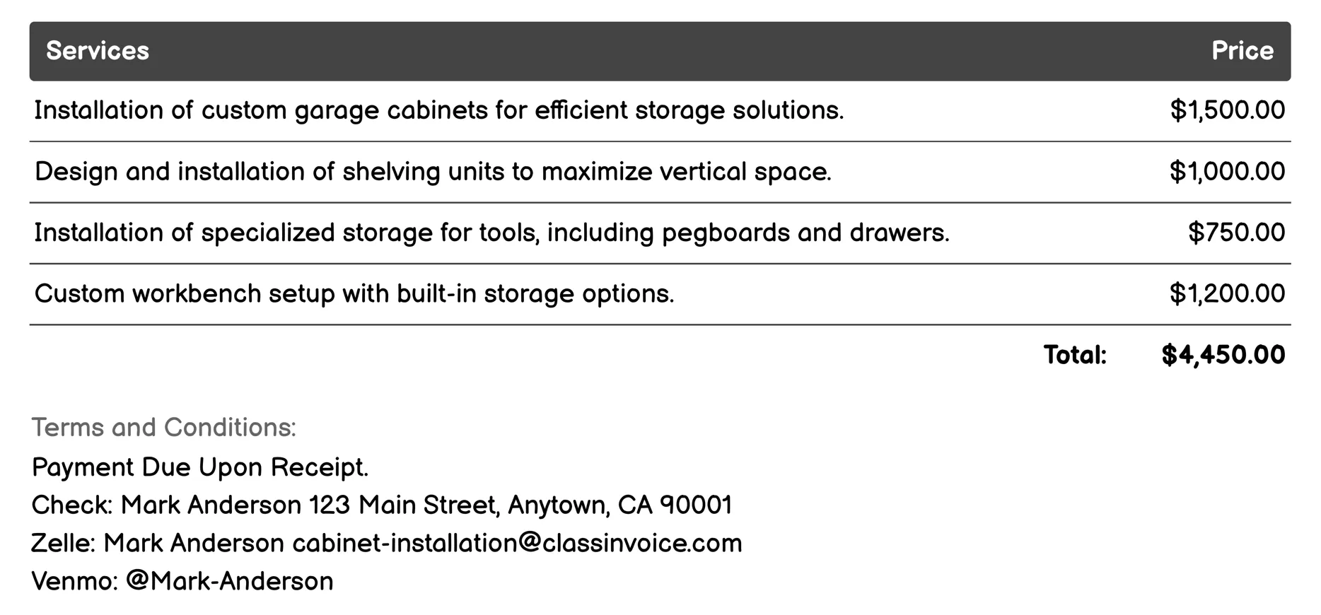 Garage Storage Solutions Invoice Example