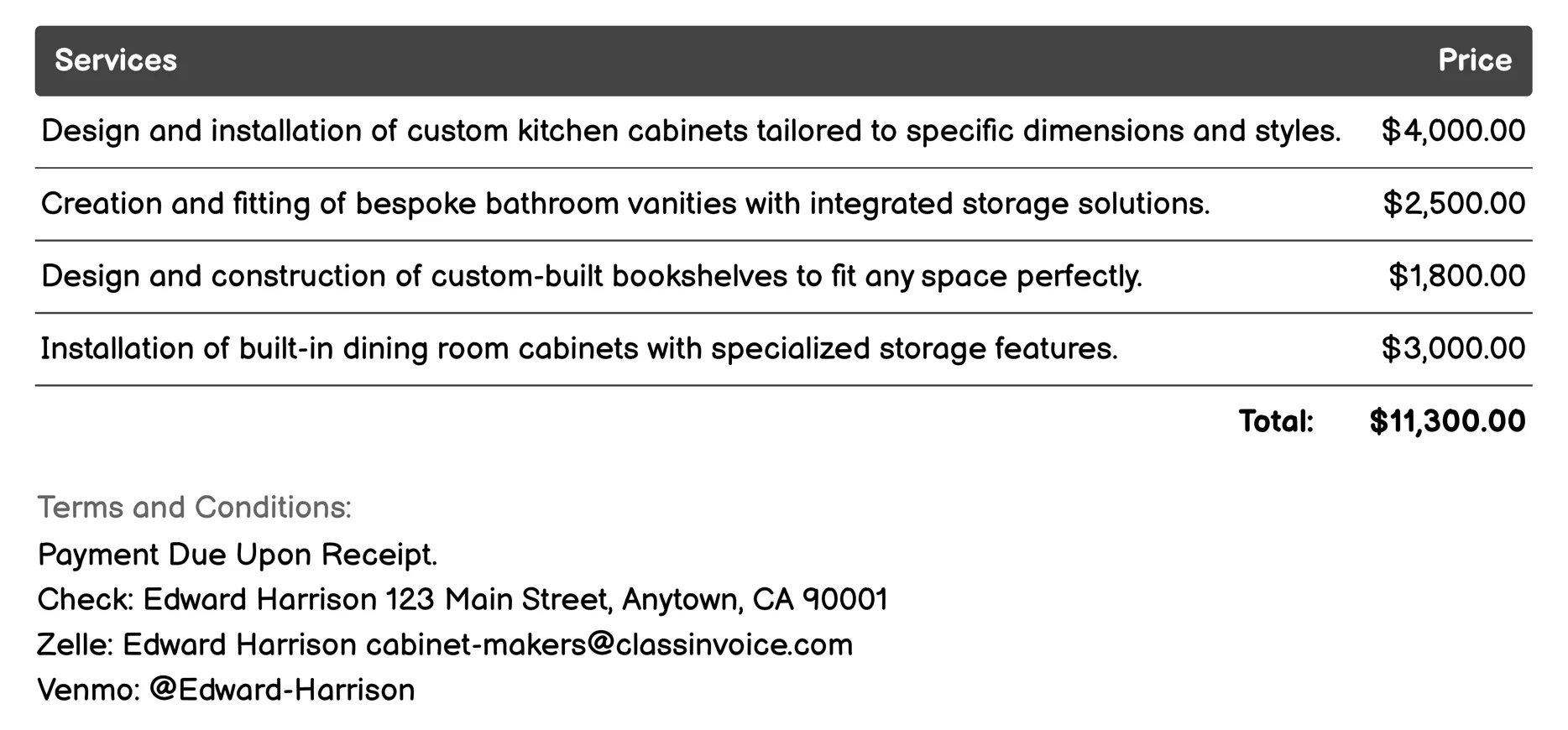 Built-in Furniture Invoice Example