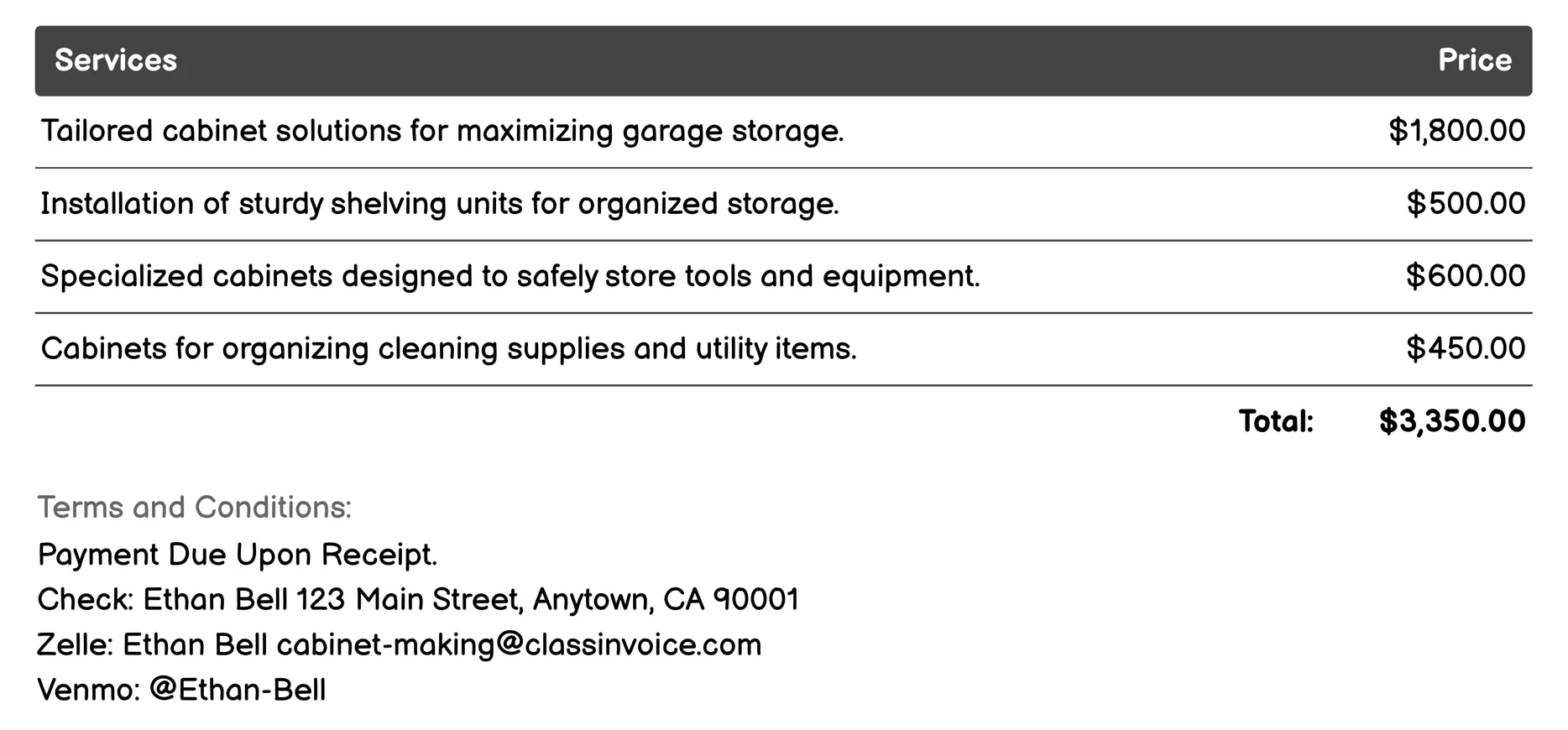 Garage Storage Solutions Invoice Example